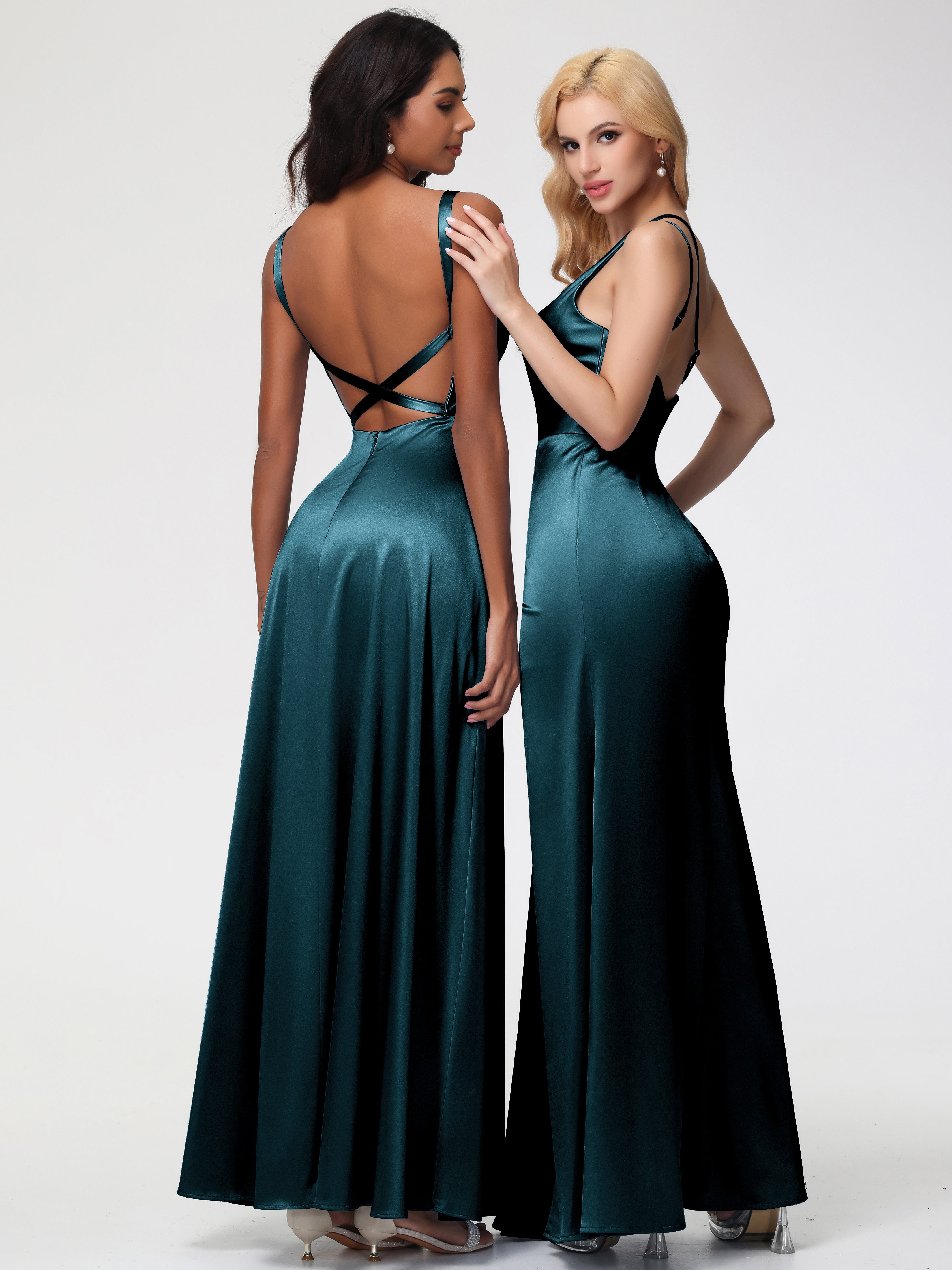 Robes De Demoiselle D'Honneur Bleu Paon Satin Extensible Seule-épaule Fourreau/Colonne Fendue Robe De Demoiselle D'Honneur
