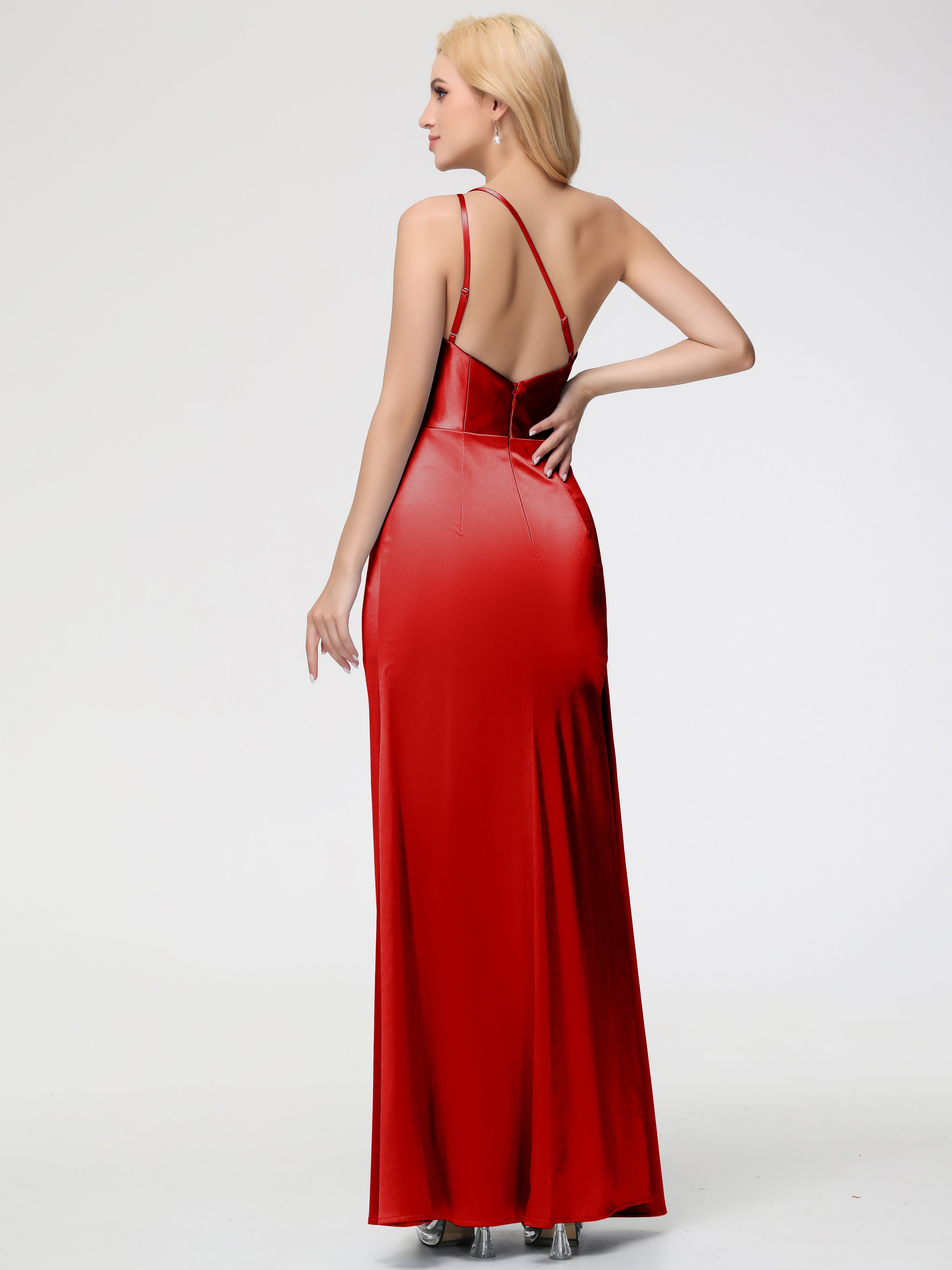 Demoiselle D Honneur Robe Rouge Satin Extensible Seule-épaule Fourreau/Colonne Fendue Robe De Demoiselle D'Honneur