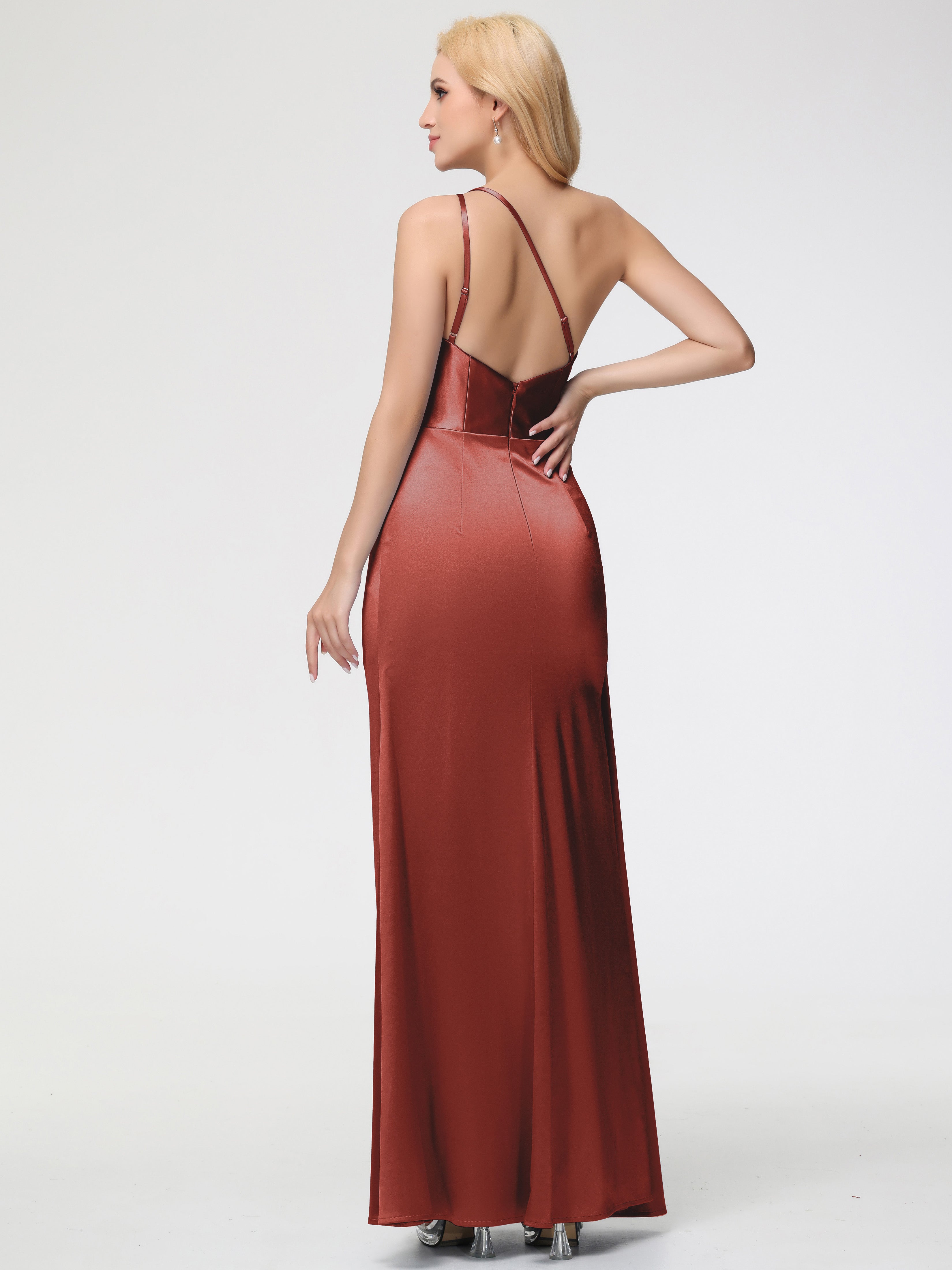 Robes De Demoiselle D'Honneur De Rouille Satin Extensible Seule-épaule Fourreau/Colonne Fendue