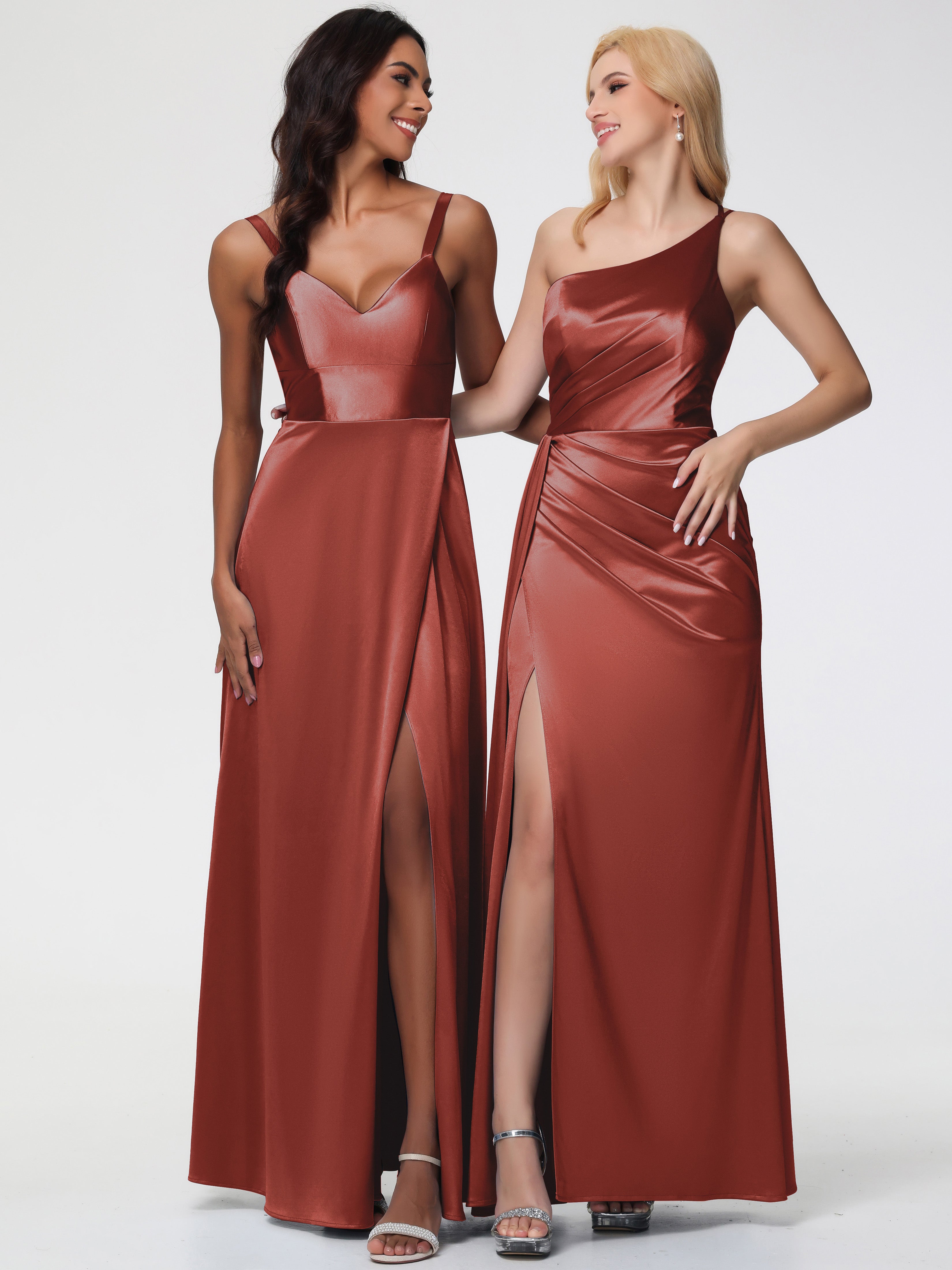 Robes De Demoiselle D'Honneur De Rouille Satin Extensible Seule-épaule Fourreau/Colonne Fendue