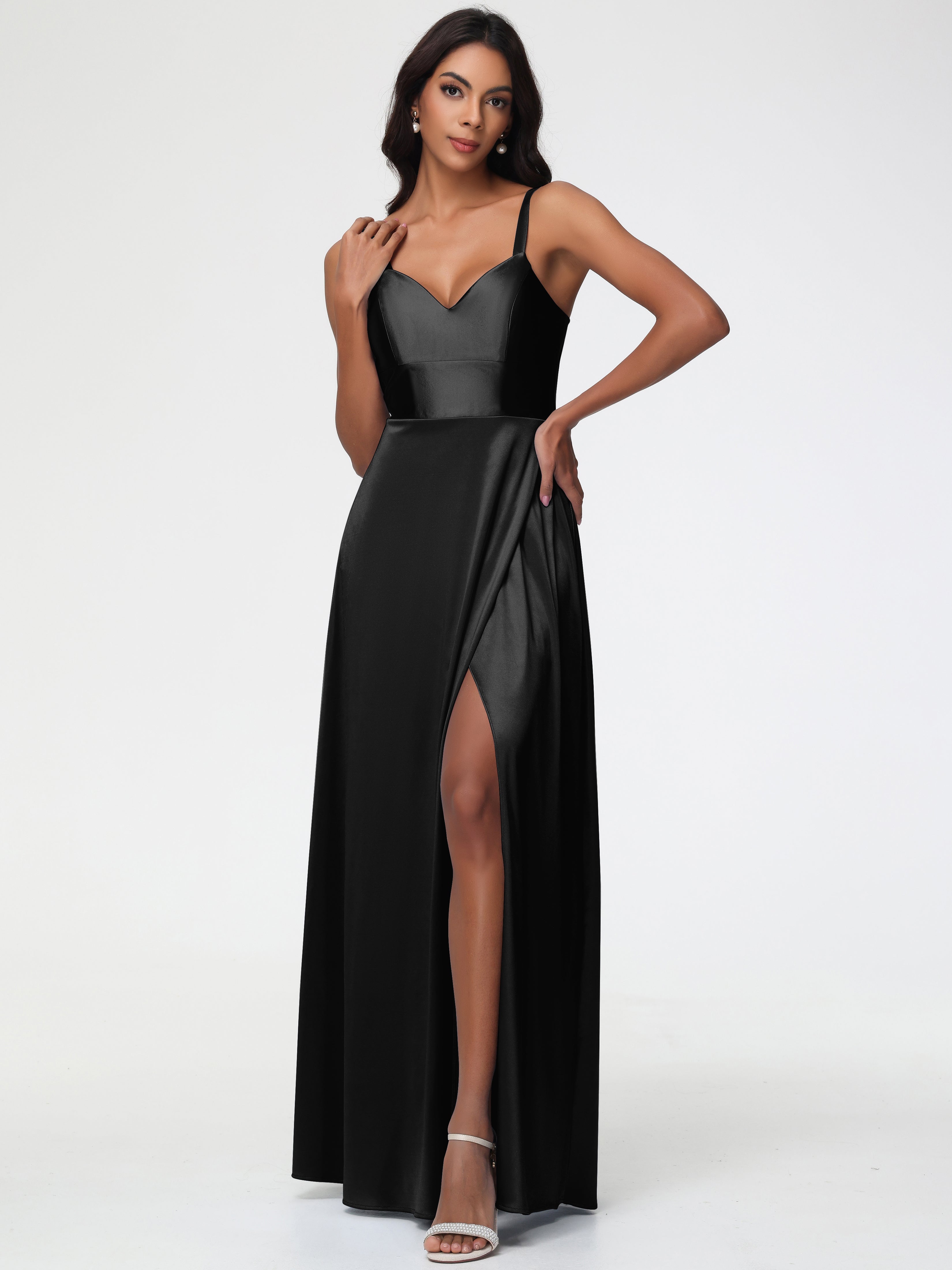 Robe De Demoiselle D Honneur Noire Col V Satin Extensible Robe Trapèze Demoiselle D'Honneur