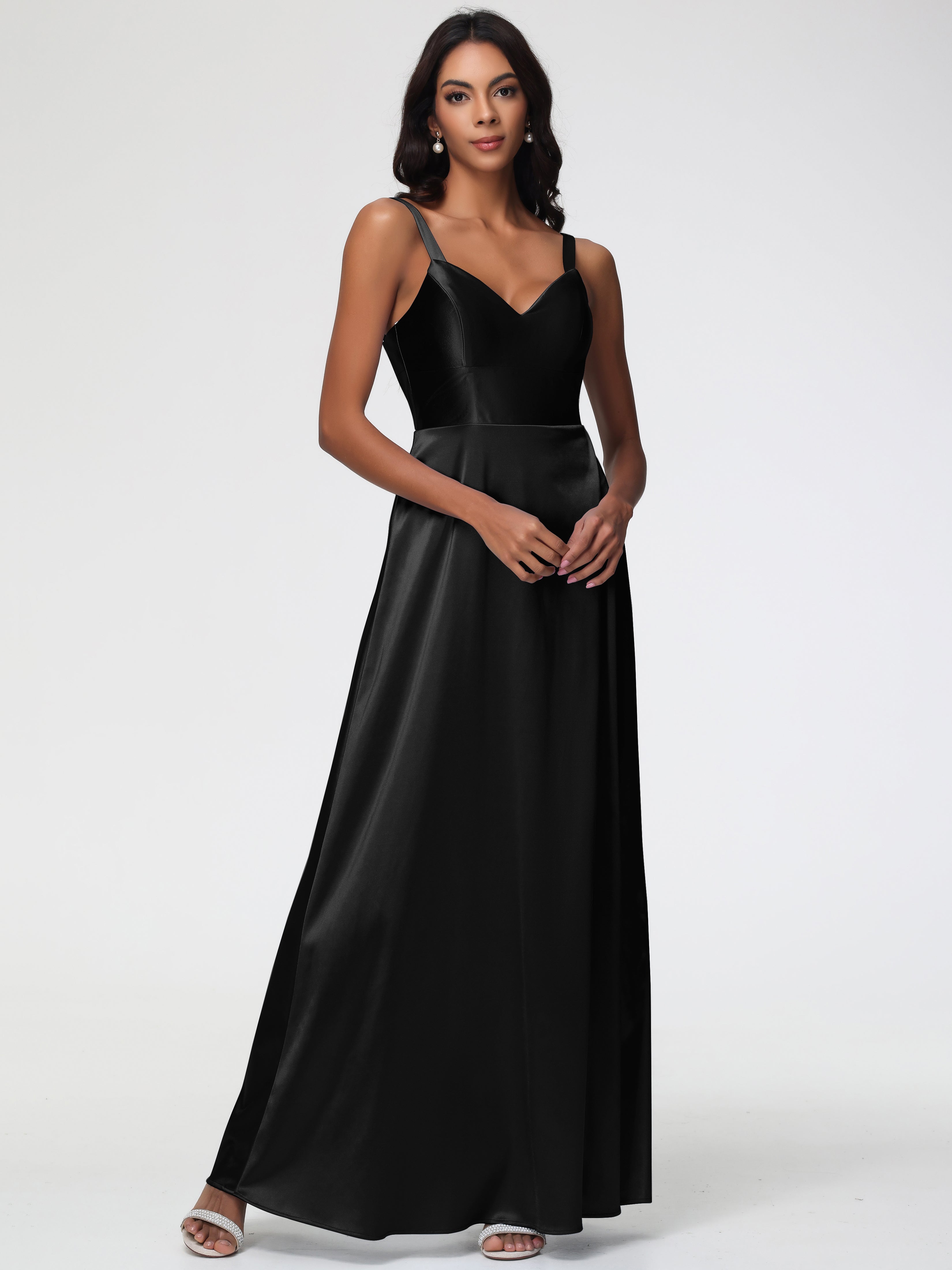 Robe De Demoiselle D Honneur Noire Col V Satin Extensible Robe Trapèze Demoiselle D'Honneur