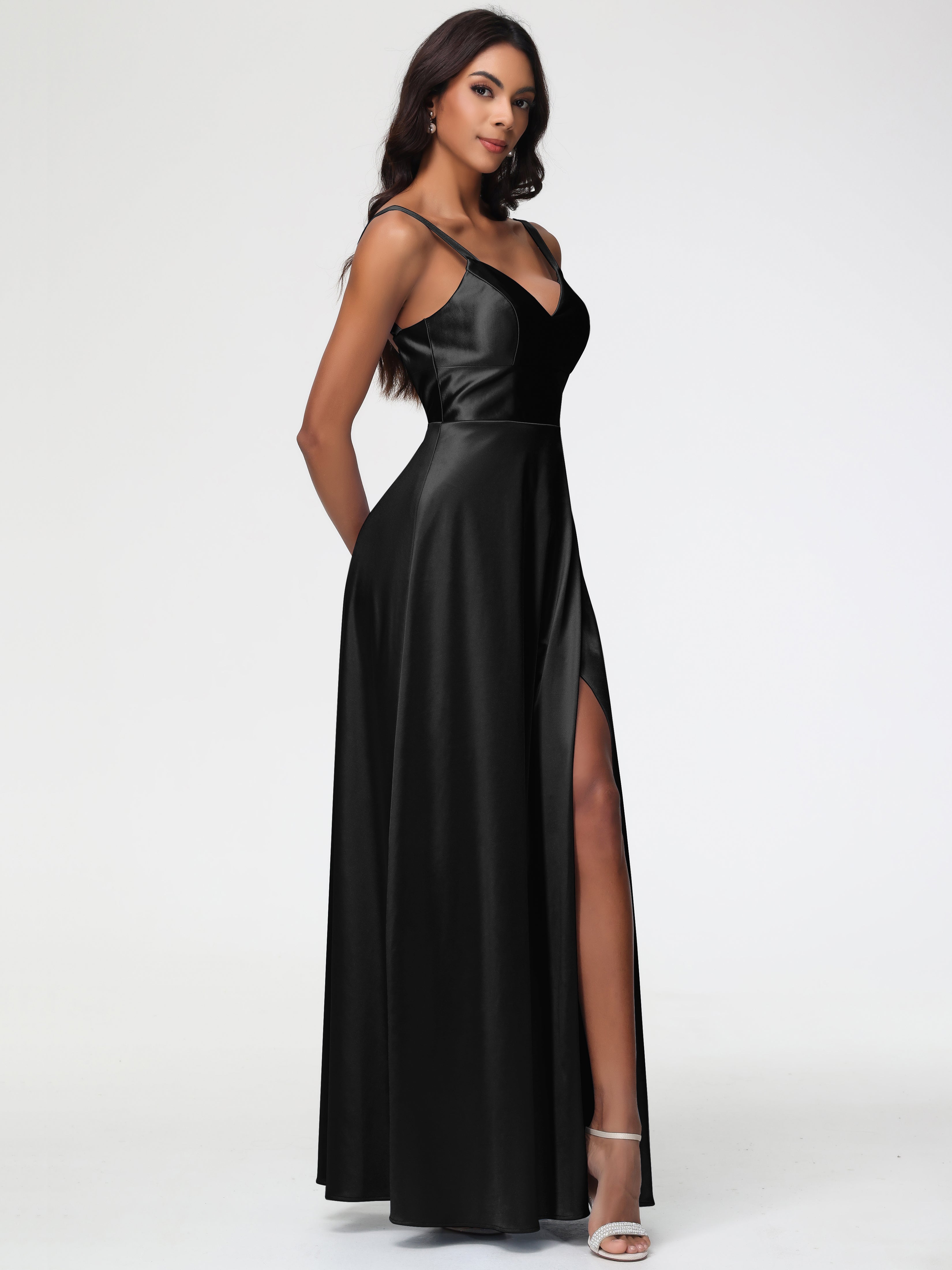 Robe De Demoiselle D Honneur Noire Col V Satin Extensible Robe Trapèze Demoiselle D'Honneur