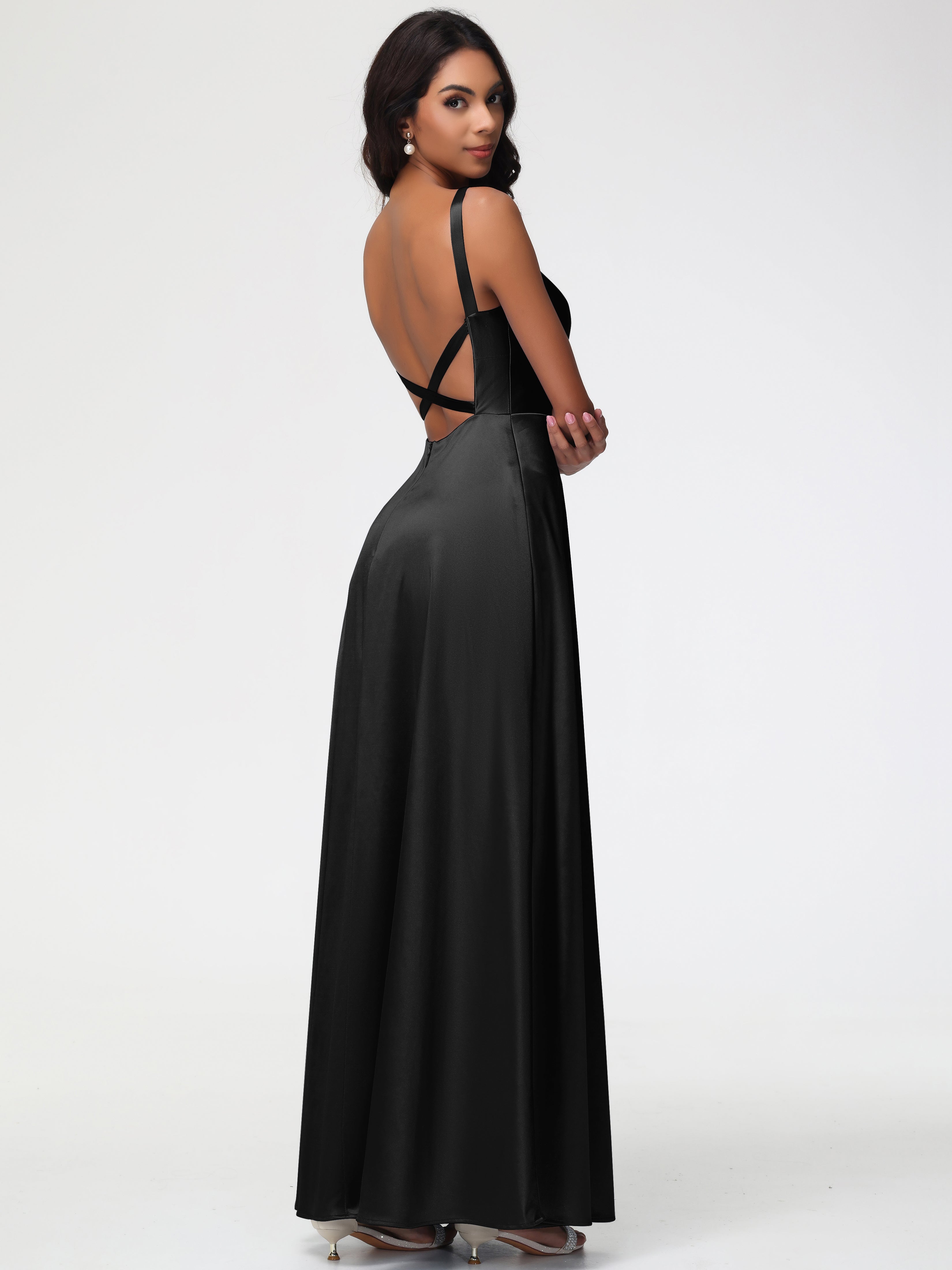 Robe De Demoiselle D Honneur Noire Col V Satin Extensible Robe Trapèze Demoiselle D'Honneur