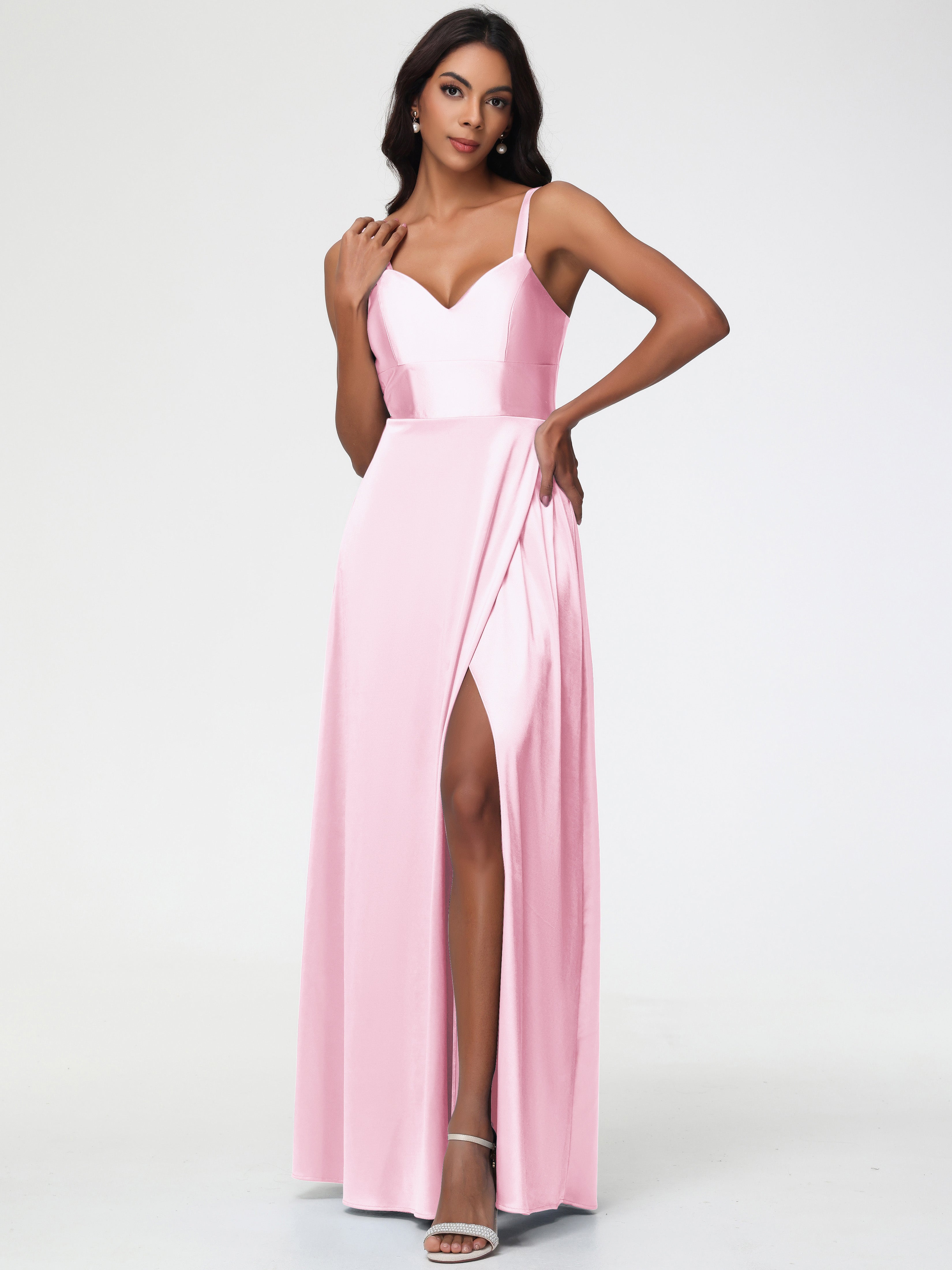 Rose Pale Robe Demoiselle D Honneur Col V Satin Extensible Robe Trapèze Demoiselle D'Honneur