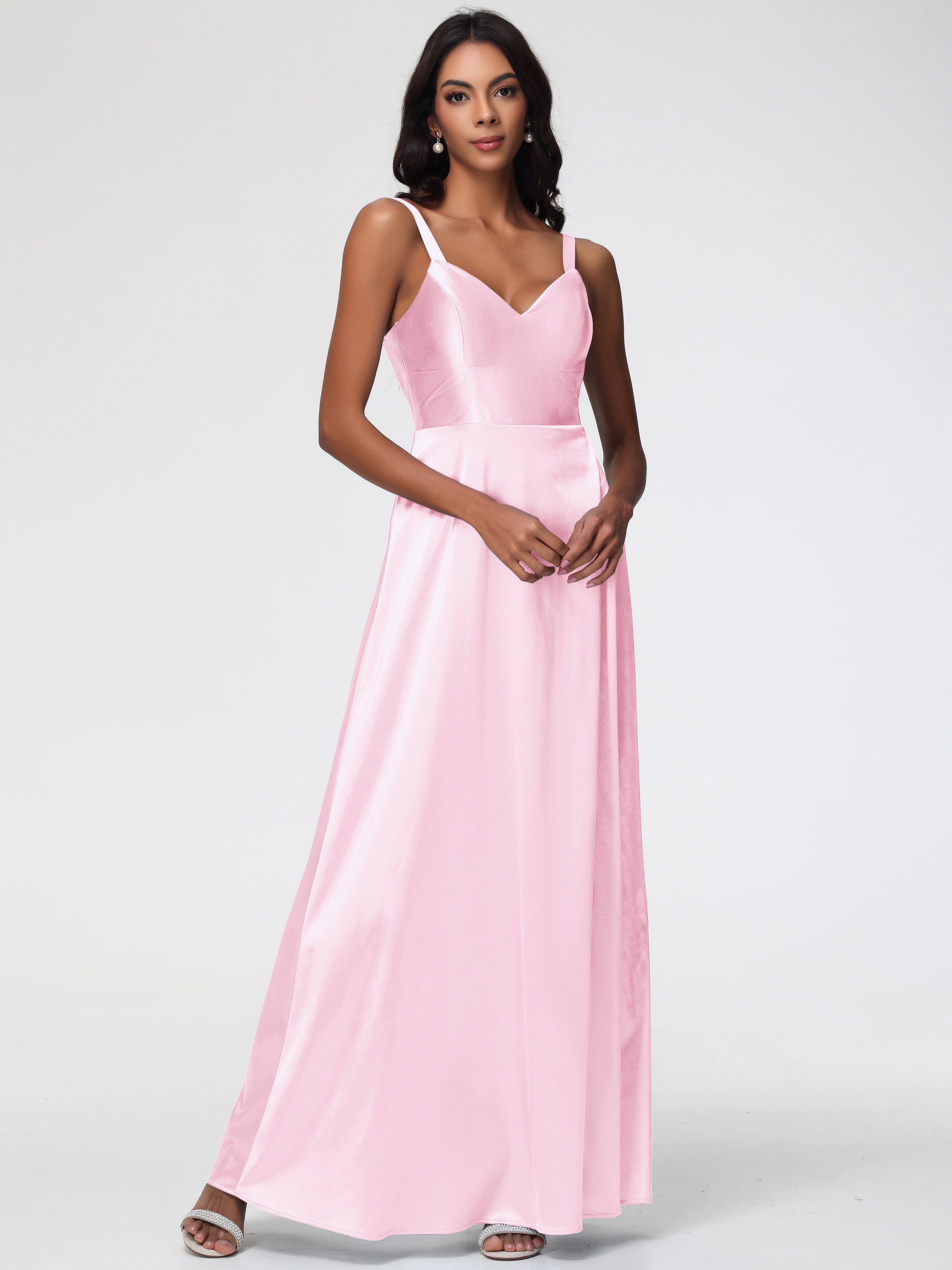 Rose Pale Robe Demoiselle D Honneur Col V Satin Extensible Robe Trapèze Demoiselle D'Honneur