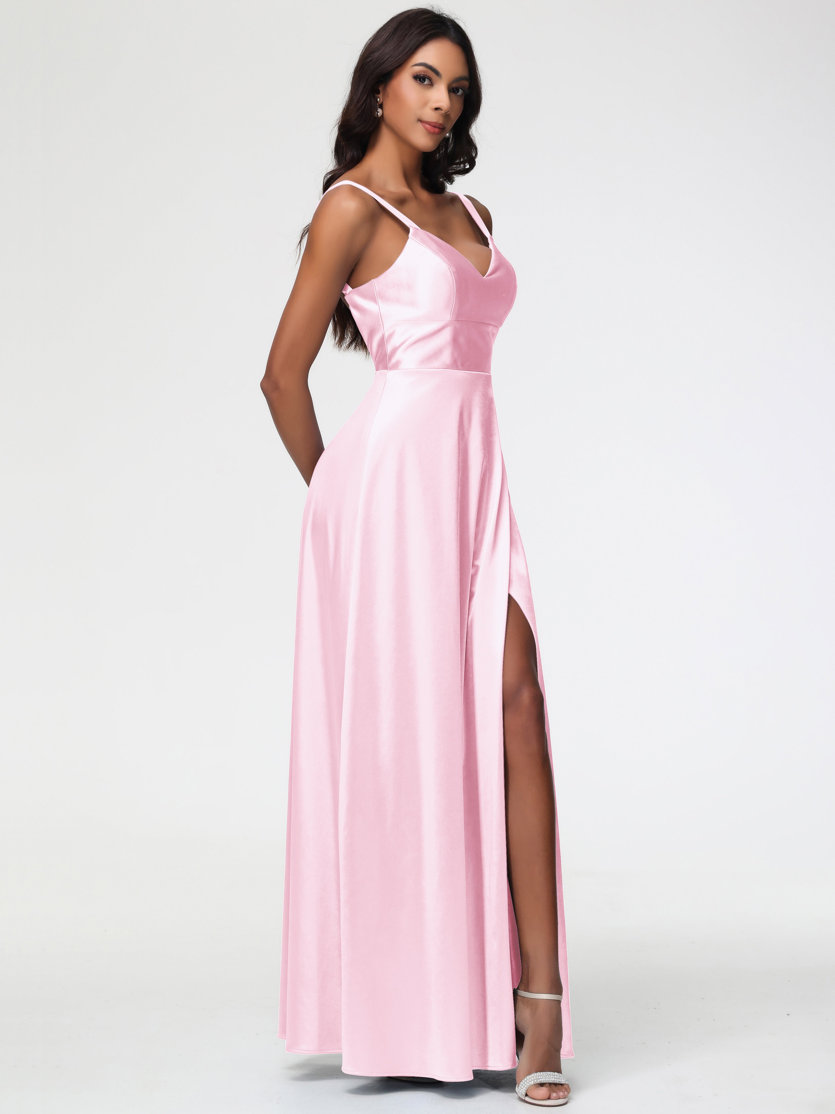Rose Pale Robe Demoiselle D Honneur Col V Satin Extensible Robe Trapèze Demoiselle D'Honneur
