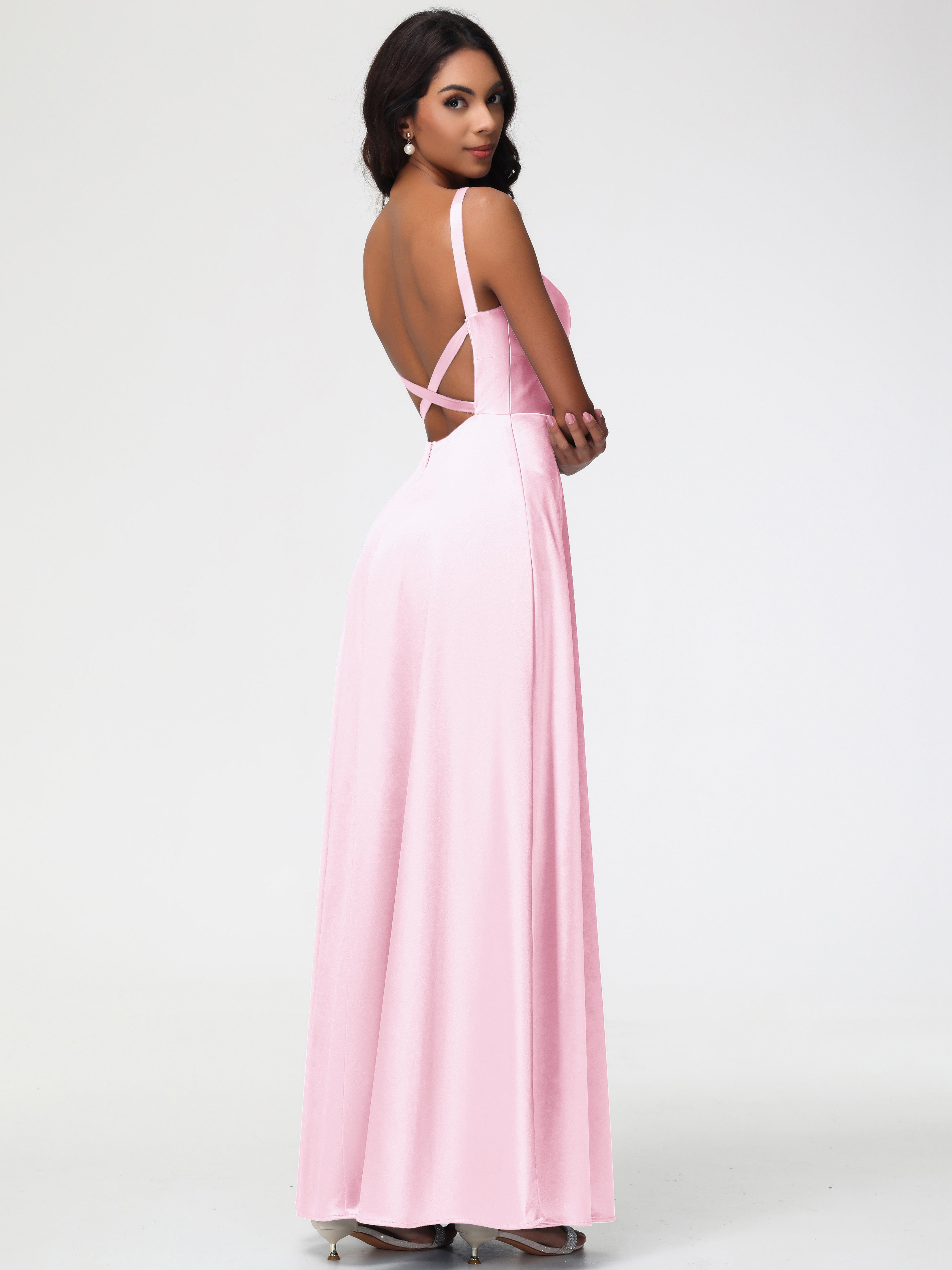 Rose Pale Robe Demoiselle D Honneur Col V Satin Extensible Robe Trapèze Demoiselle D'Honneur