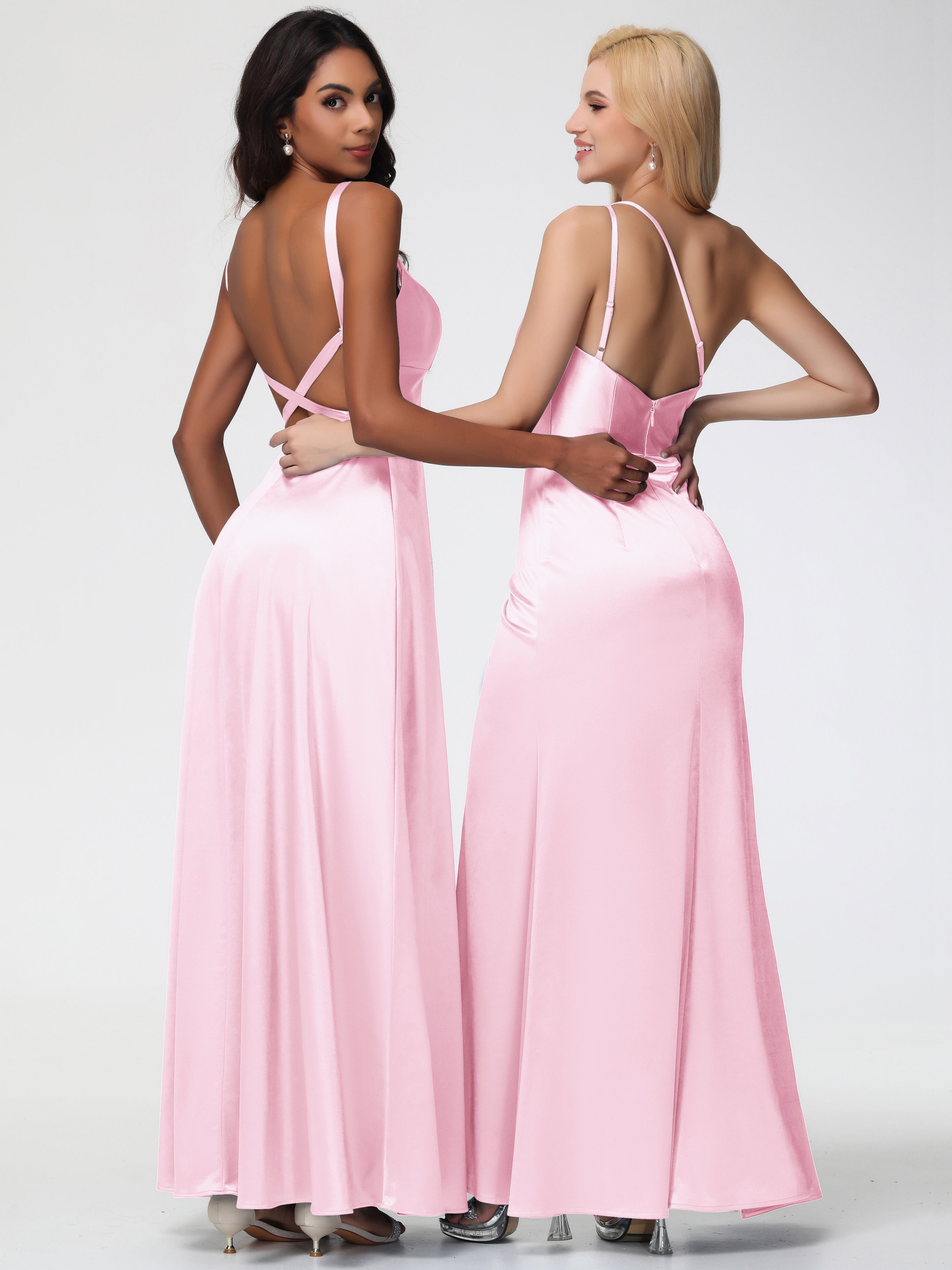 Rose Pale Robe Demoiselle D Honneur Col V Satin Extensible Robe Trapèze Demoiselle D'Honneur