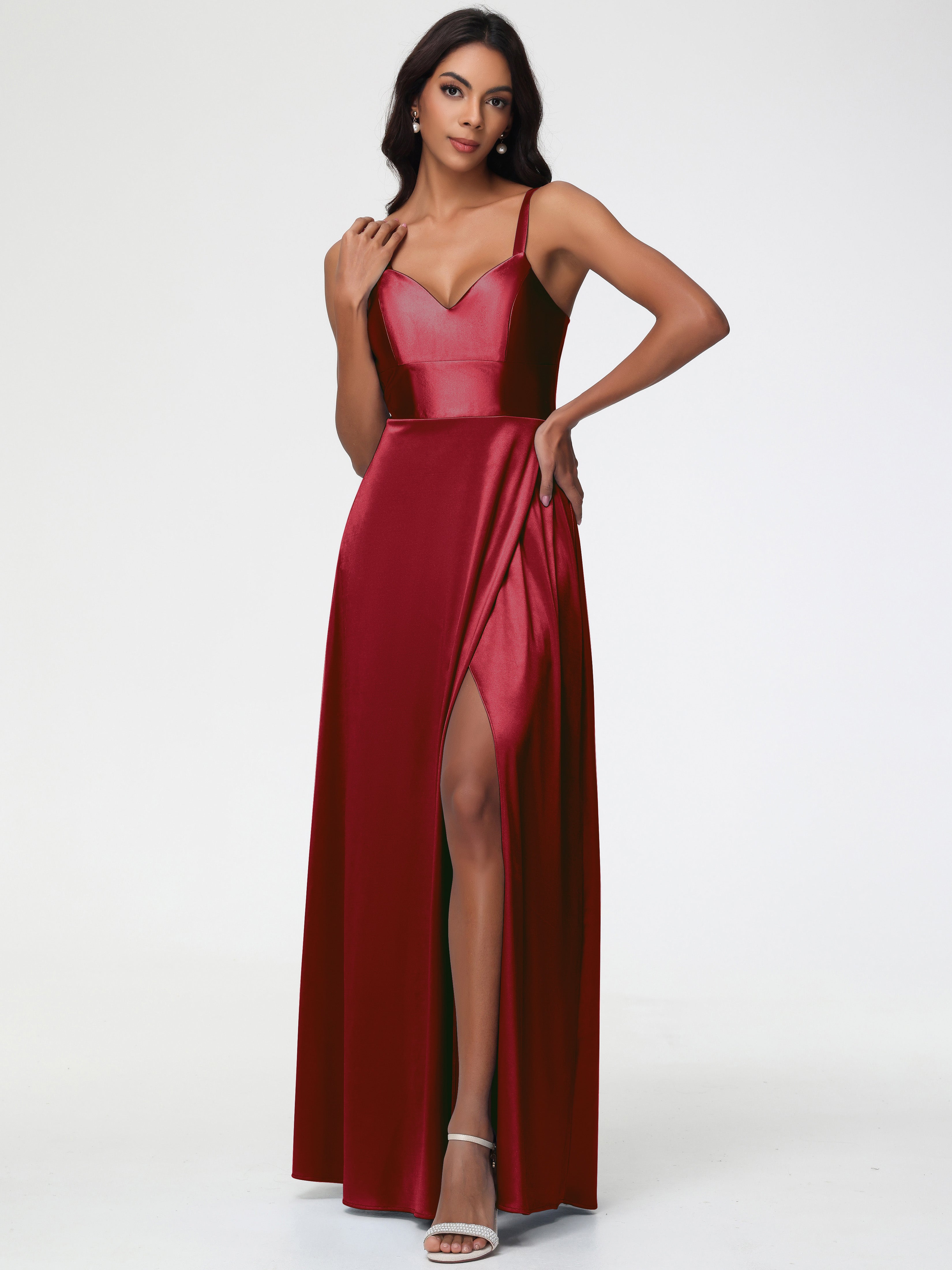 Boutique Robe Demoiselle D Honneur Bordeaux Col V Satin Extensible Robe Trapèze Demoiselle D'Honneur