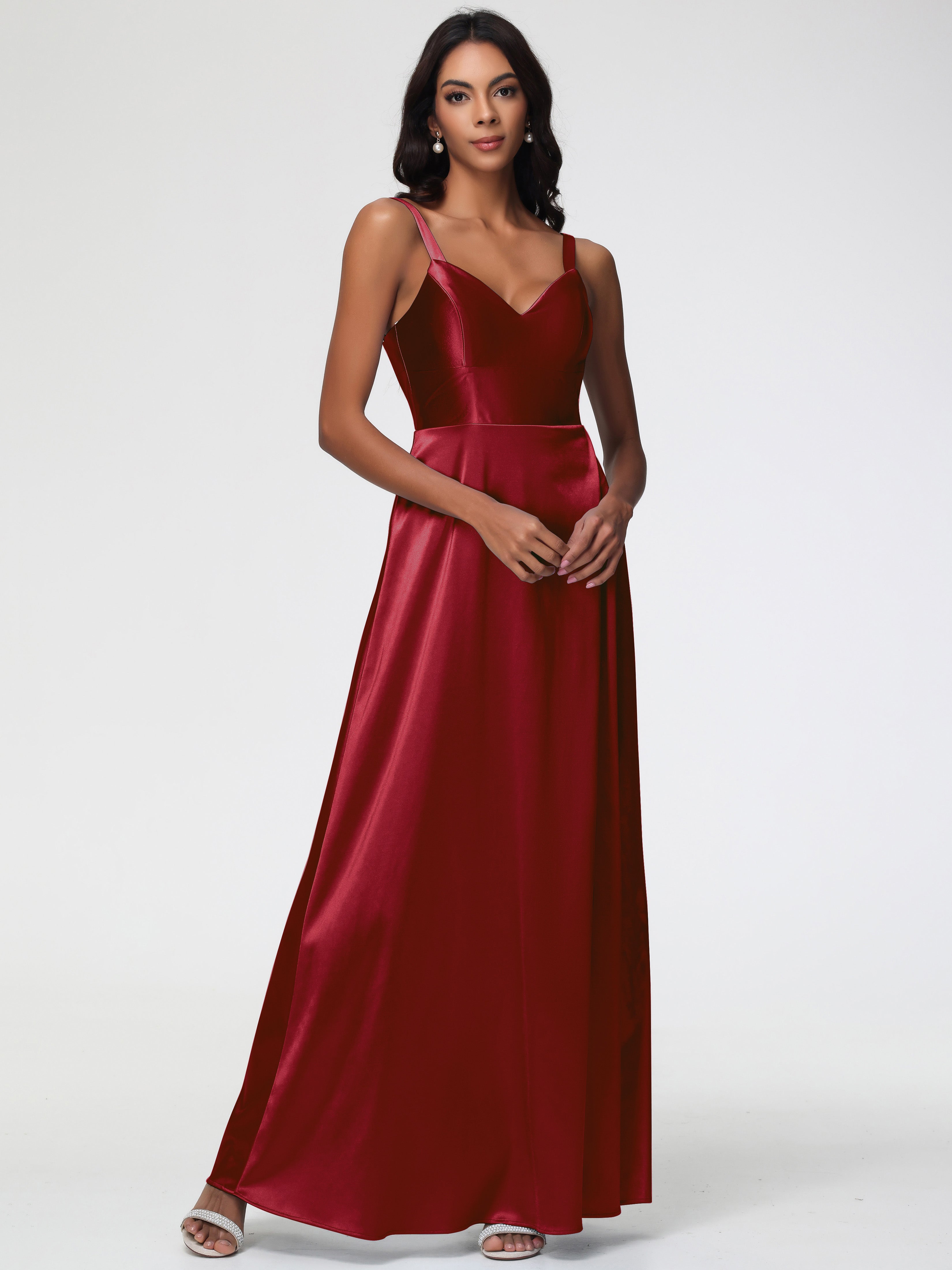 Boutique Robe Demoiselle D Honneur Bordeaux Col V Satin Extensible Robe Trapèze Demoiselle D'Honneur