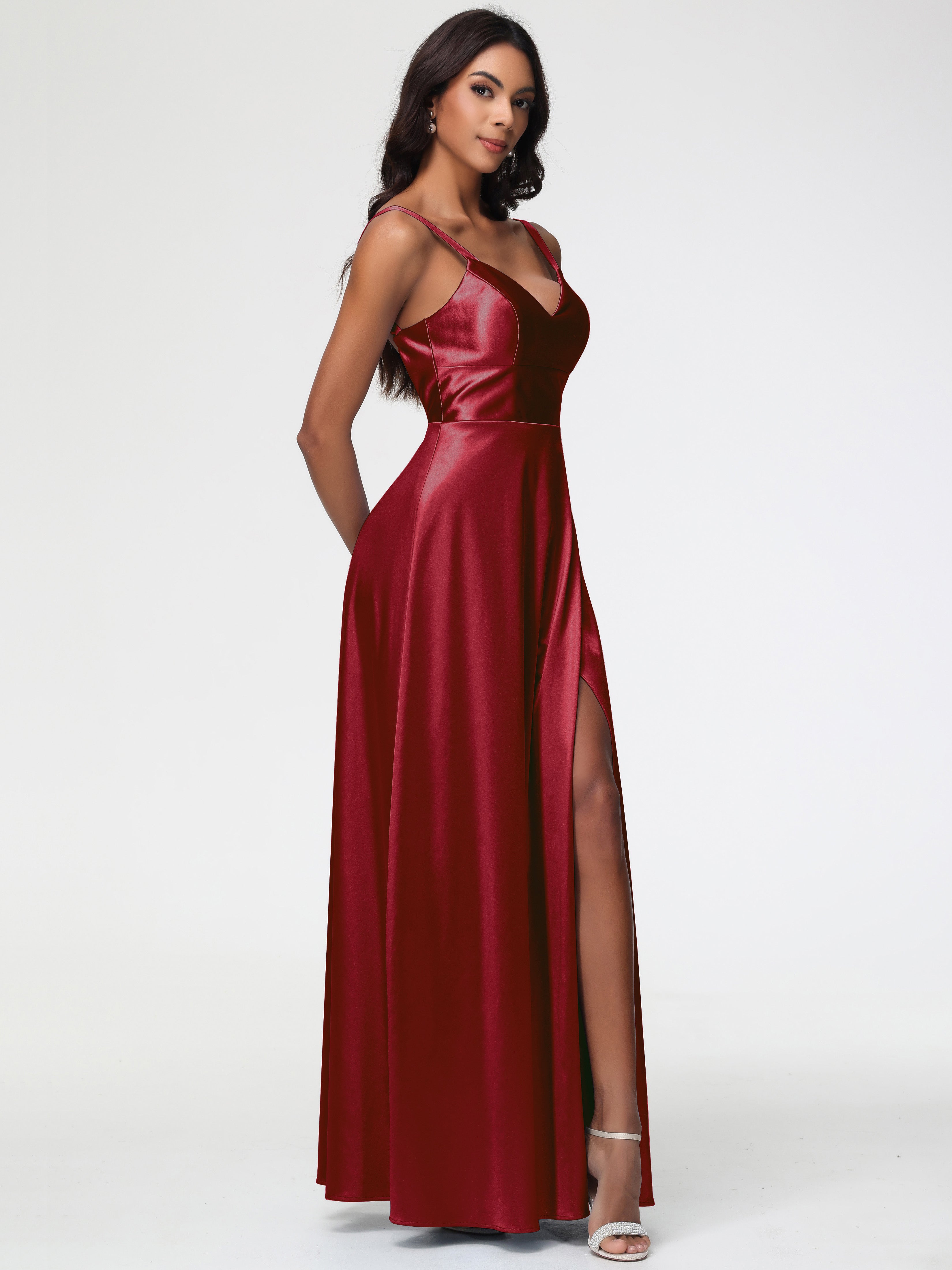 Boutique Robe Demoiselle D Honneur Bordeaux Col V Satin Extensible Robe Trapèze Demoiselle D'Honneur