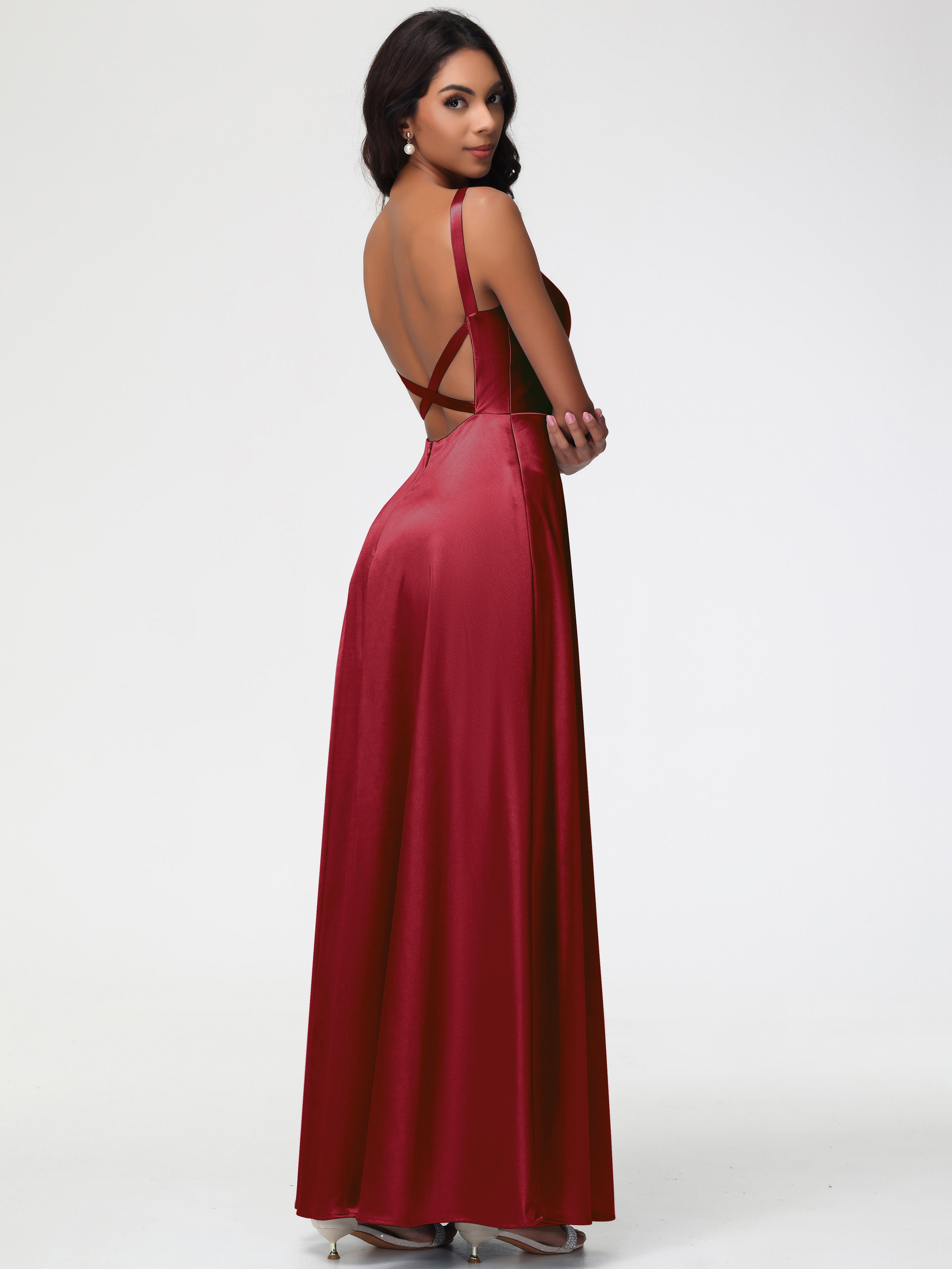 Boutique Robe Demoiselle D Honneur Bordeaux Col V Satin Extensible Robe Trapèze Demoiselle D'Honneur