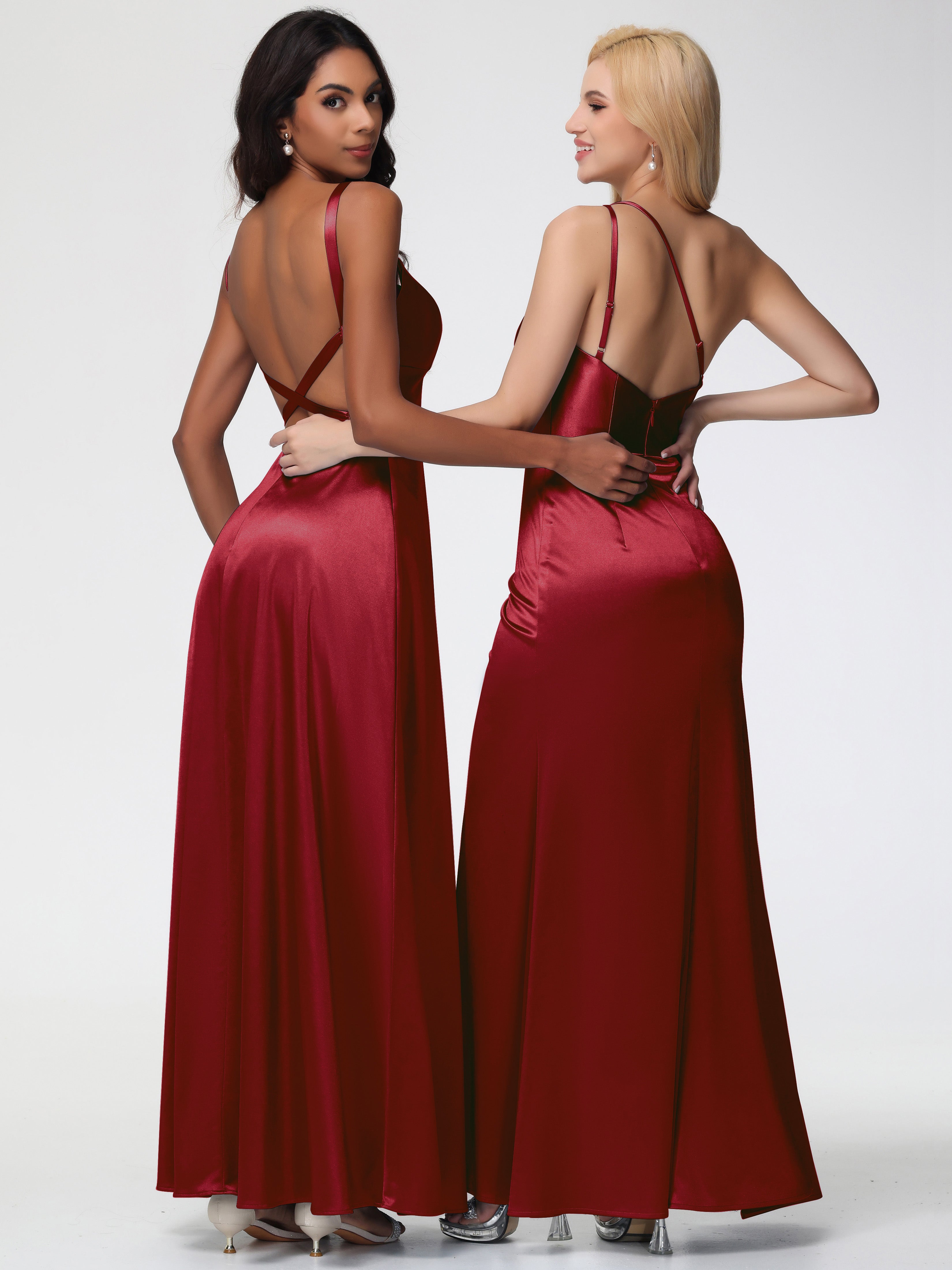 Boutique Robe Demoiselle D Honneur Bordeaux Col V Satin Extensible Robe Trapèze Demoiselle D'Honneur