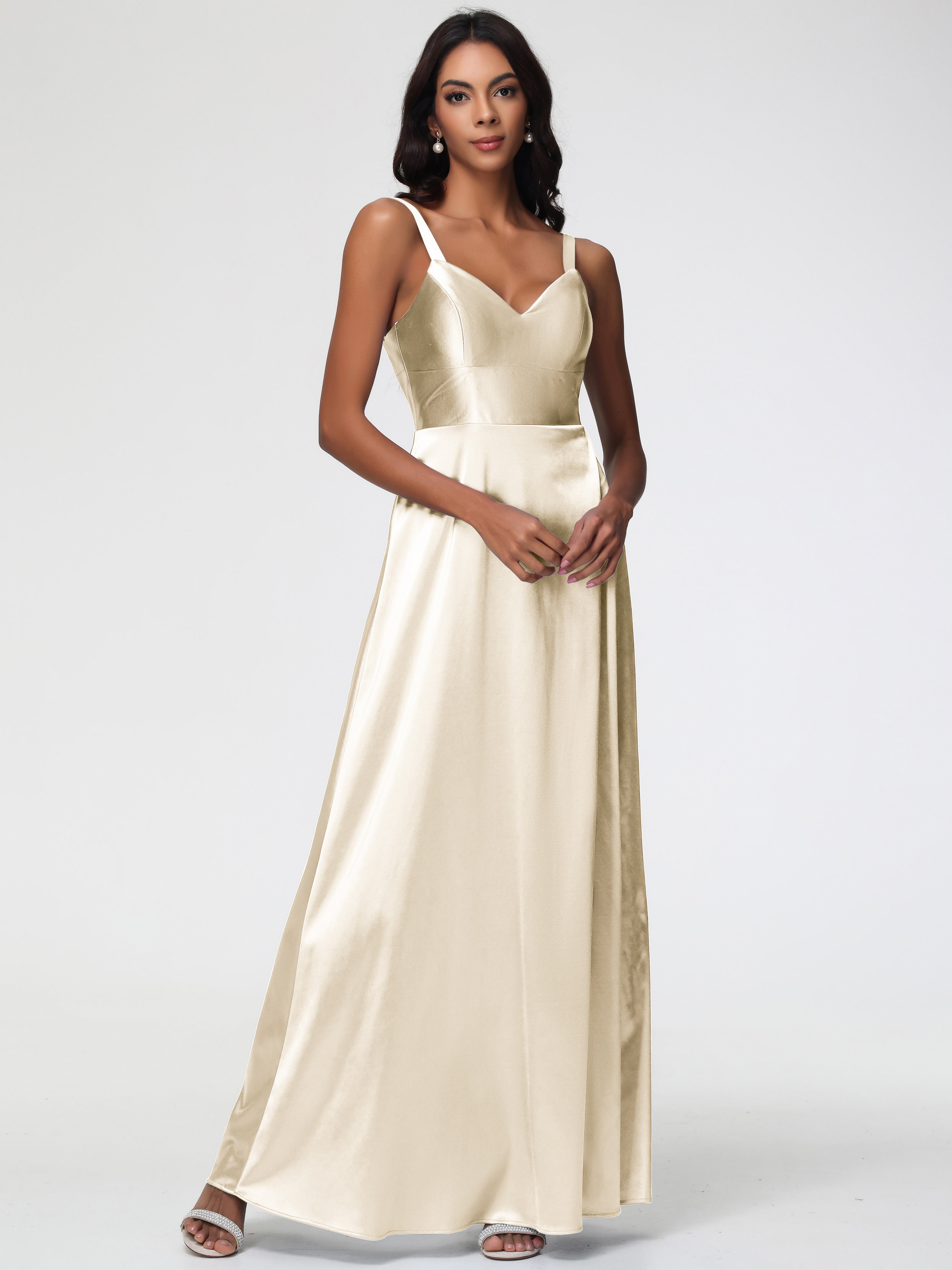 Robes De Demoiselle D Honneur Champagne Col V Satin Extensible Robe Trapèze Demoiselle D'Honneur