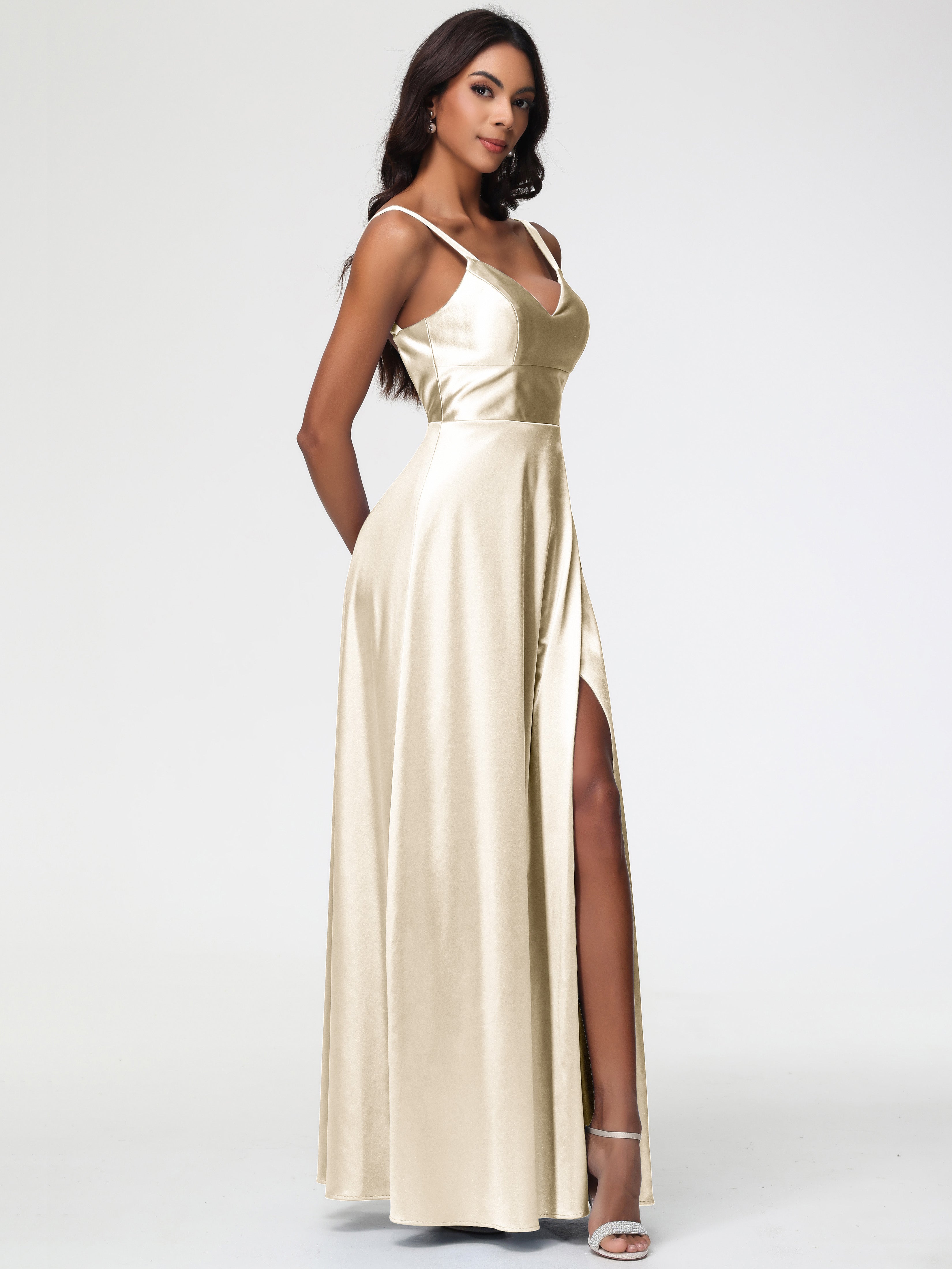 Robes De Demoiselle D Honneur Champagne Col V Satin Extensible Robe Trapèze Demoiselle D'Honneur