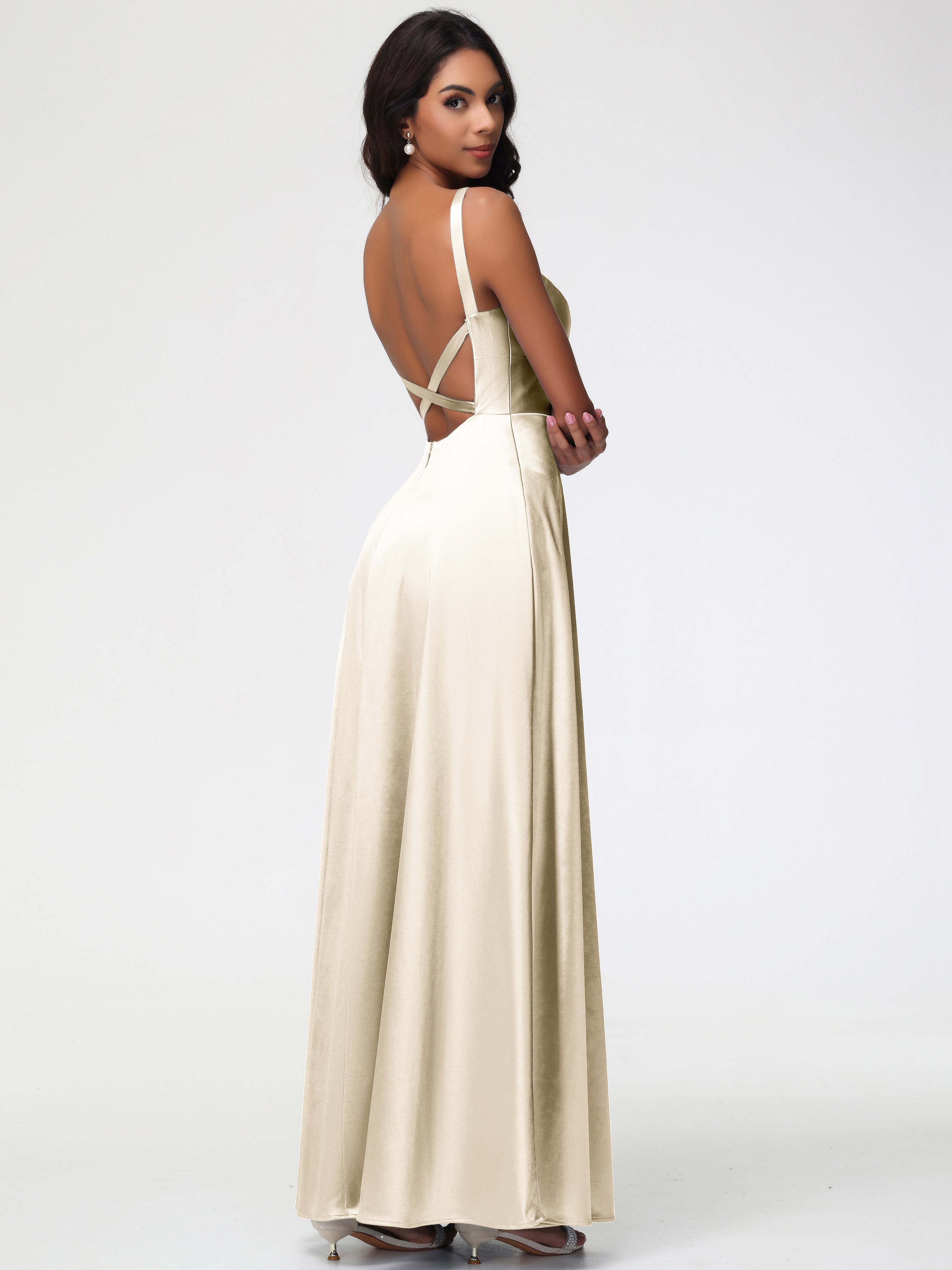 Robes De Demoiselle D Honneur Champagne Col V Satin Extensible Robe Trapèze Demoiselle D'Honneur