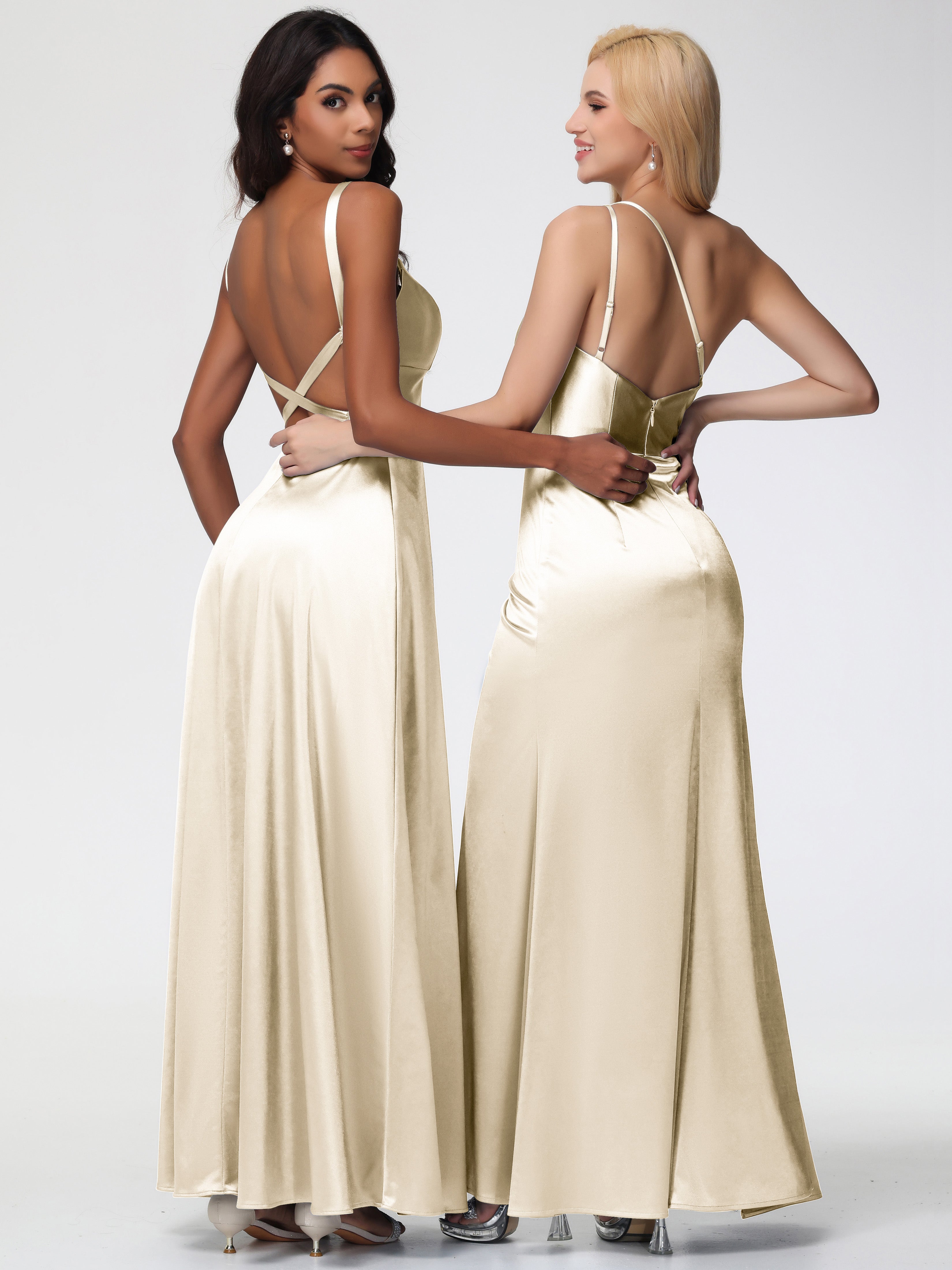 Robes De Demoiselle D Honneur Champagne Col V Satin Extensible Robe Trapèze Demoiselle D'Honneur