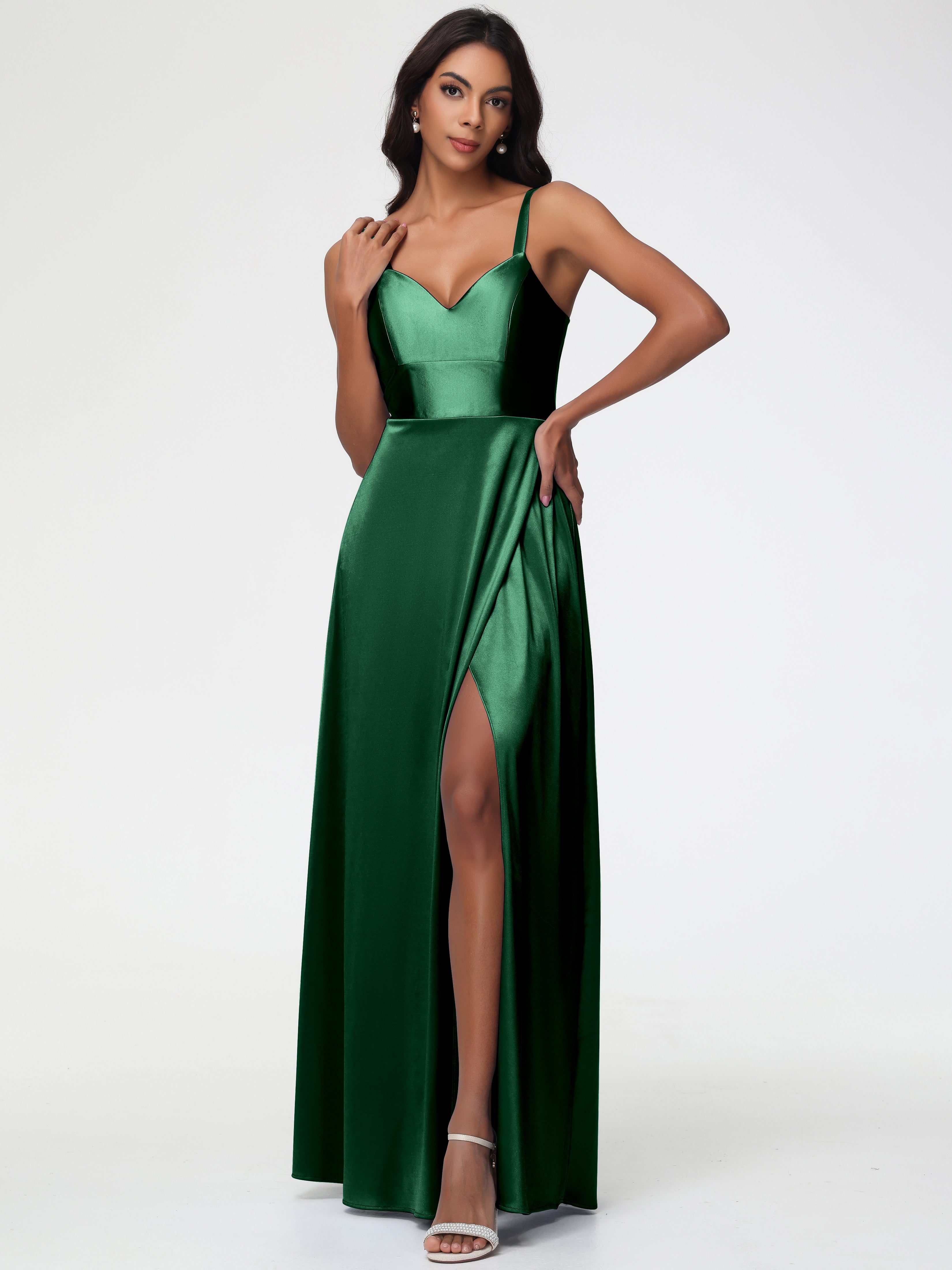 Robe Demoiselle D Honneur Vert Foncé Col V Satin Extensible Robe Trapèze Demoiselle D'Honneur