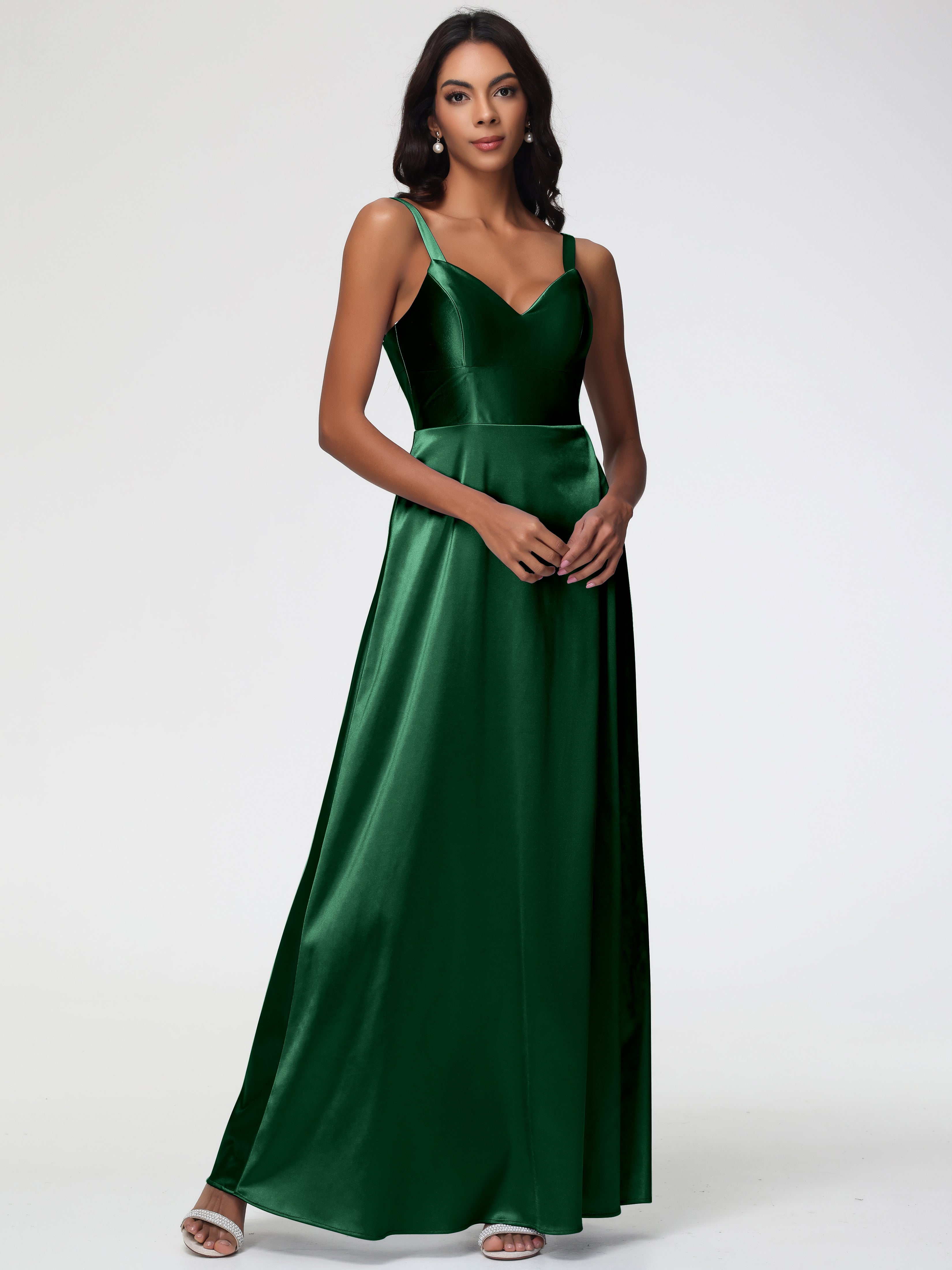 Robe Demoiselle D Honneur Vert Foncé Col V Satin Extensible Robe Trapèze Demoiselle D'Honneur