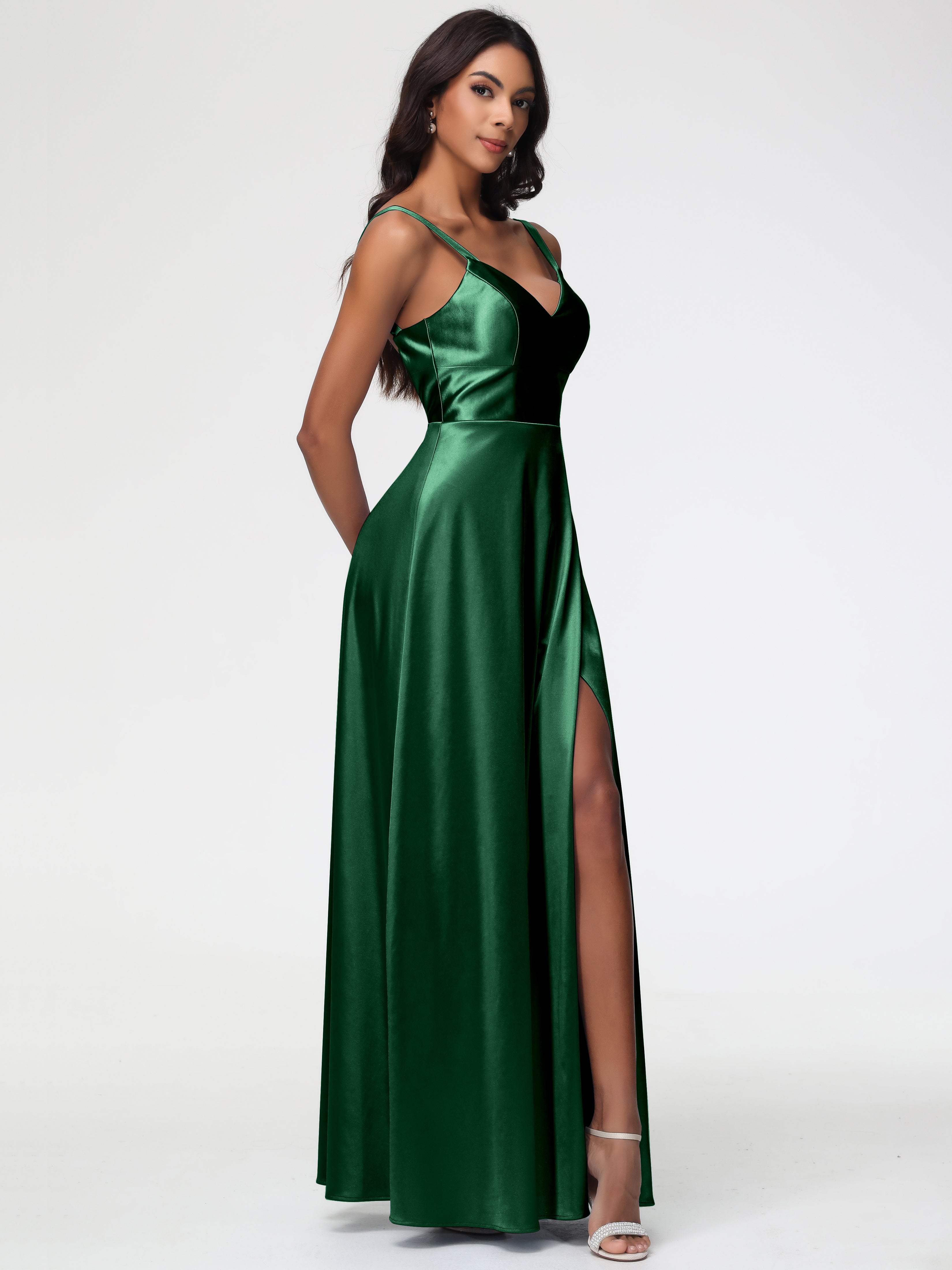 Robe Demoiselle D Honneur Vert Foncé Col V Satin Extensible Robe Trapèze Demoiselle D'Honneur