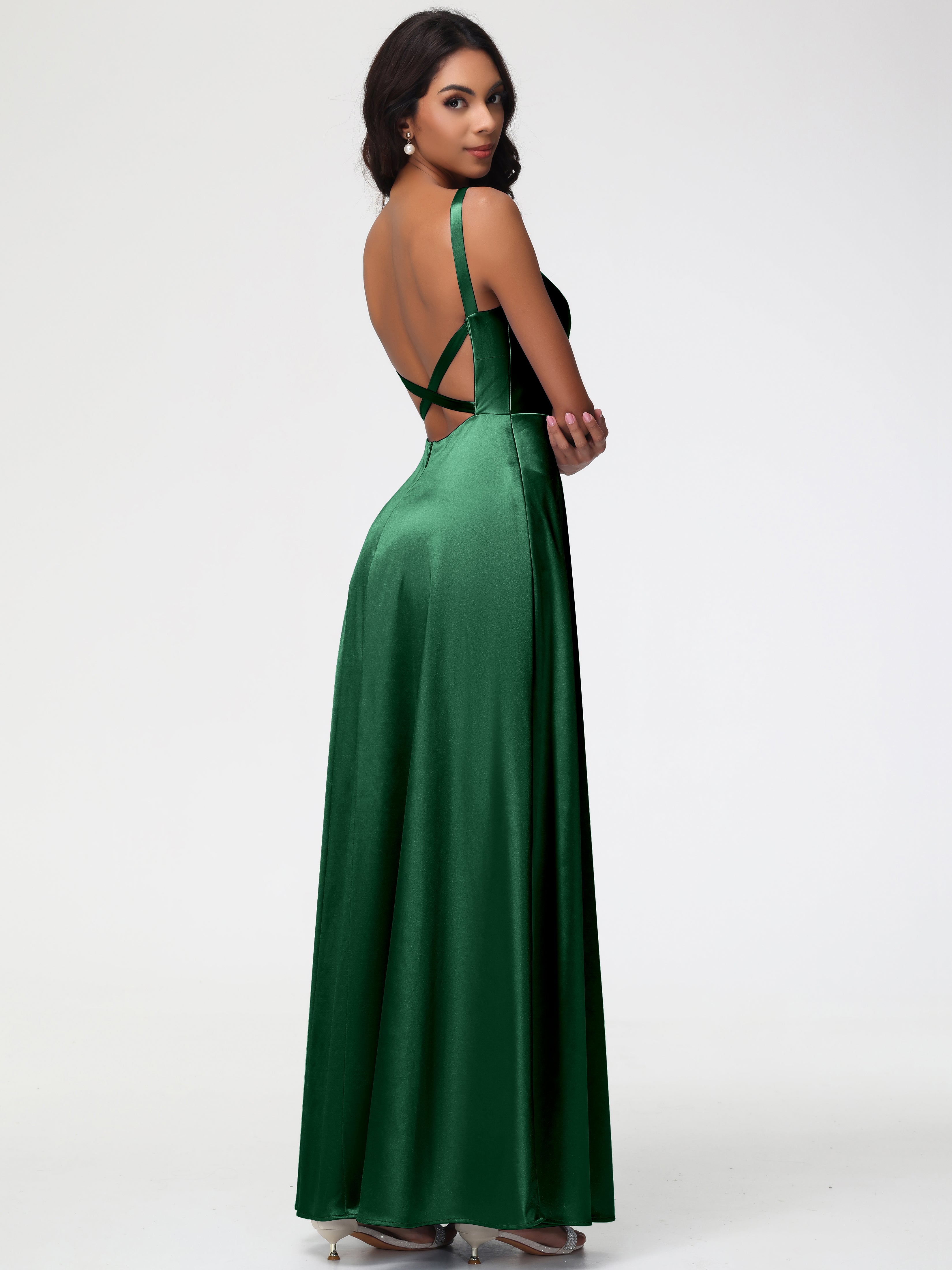 Robe Demoiselle D Honneur Vert Foncé Col V Satin Extensible Robe Trapèze Demoiselle D'Honneur