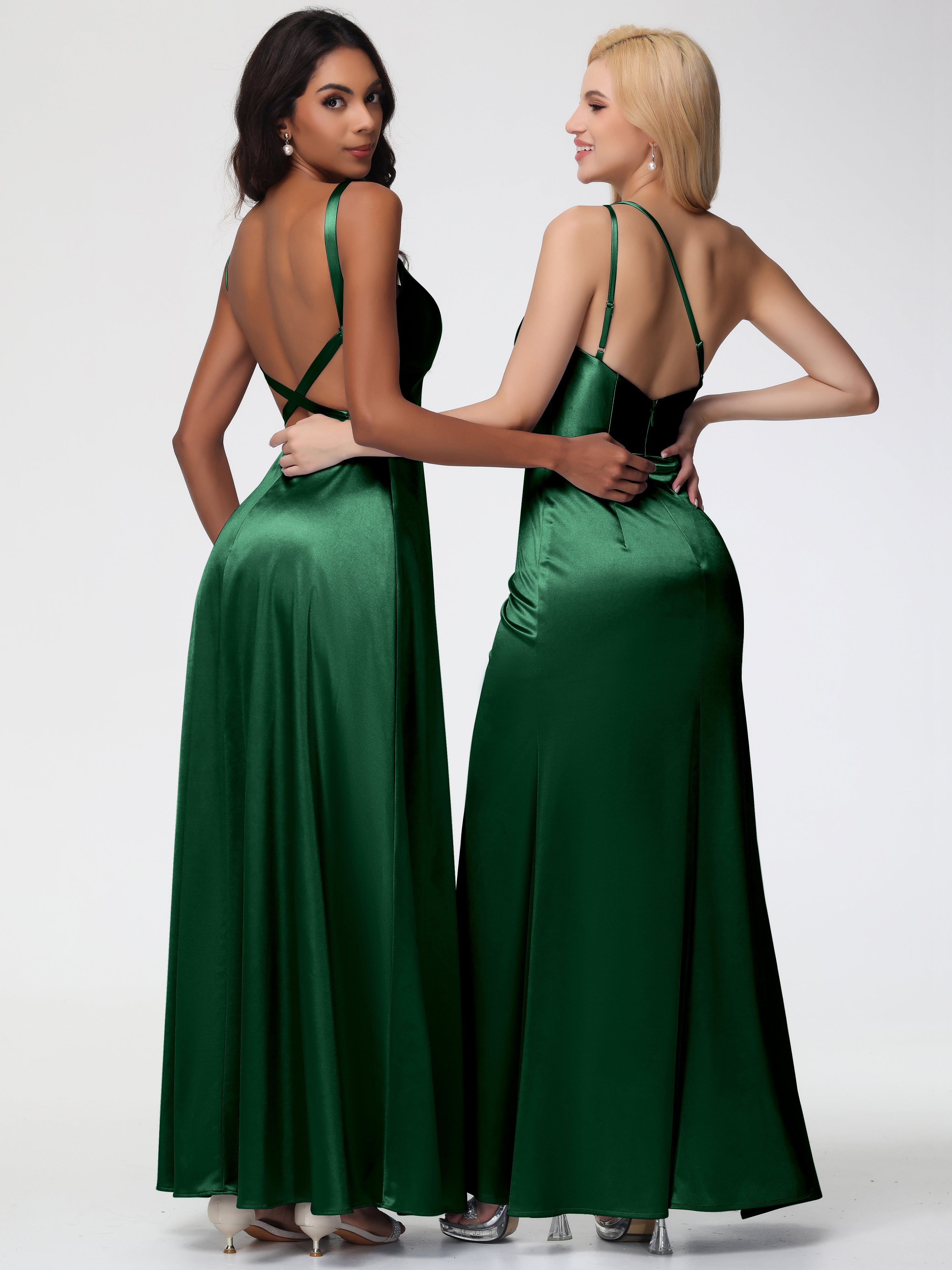 Robe Demoiselle D Honneur Vert Foncé Col V Satin Extensible Robe Trapèze Demoiselle D'Honneur