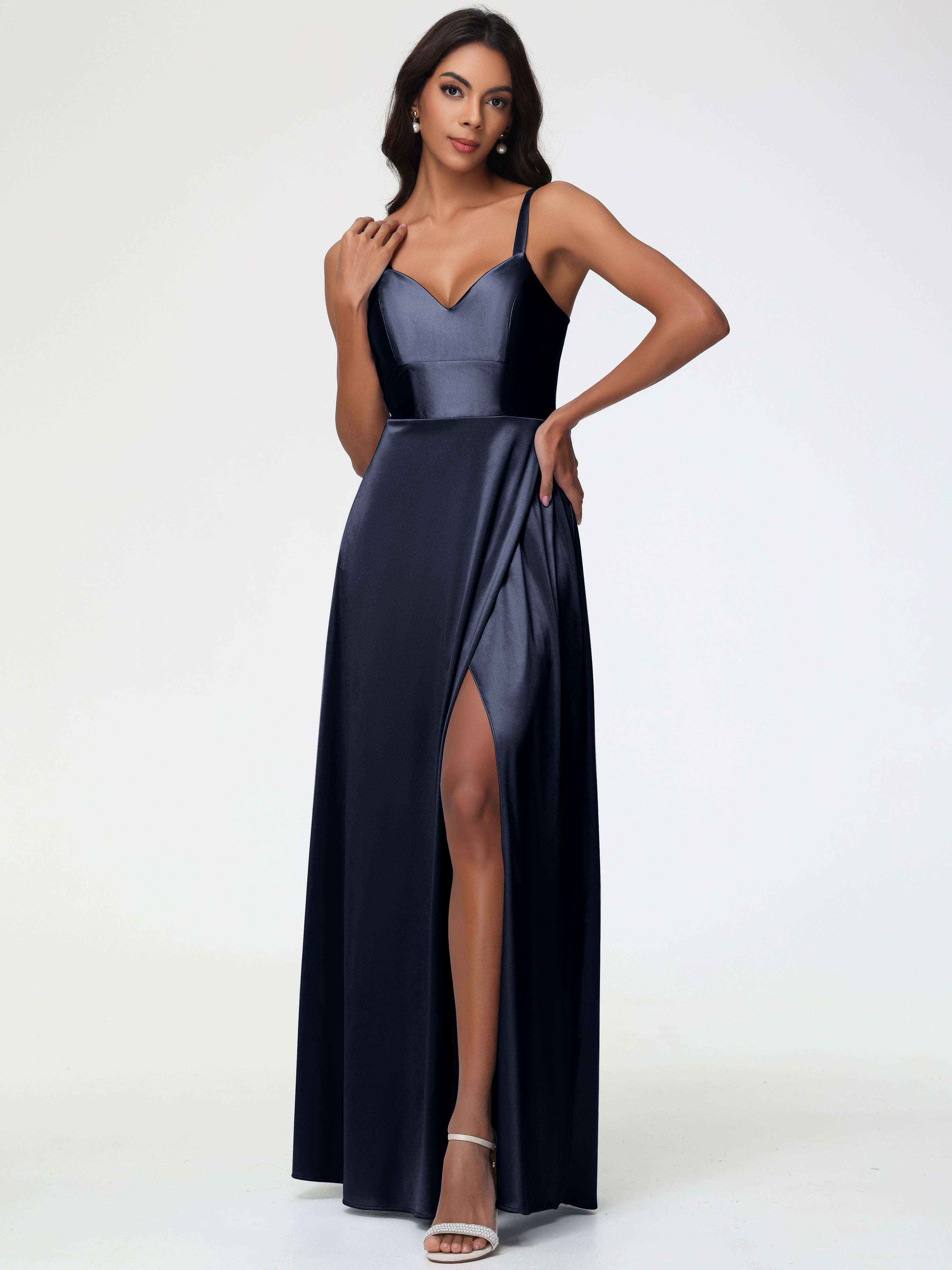 Demoiselle D'Honneur Bleu Marine Col V Satin Extensible Robe Trapèze Demoiselle D'Honneur