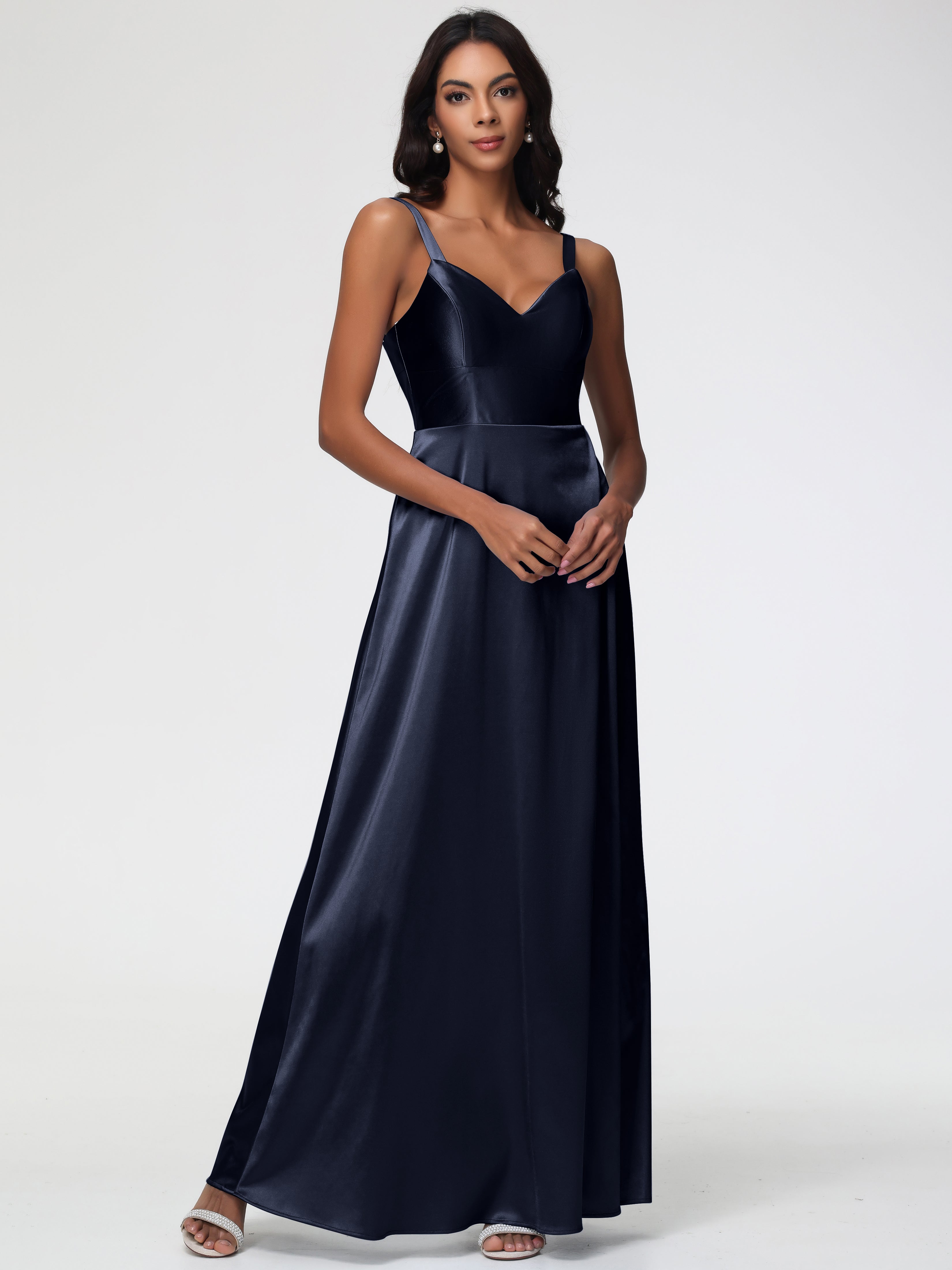 Demoiselle D'Honneur Bleu Marine Col V Satin Extensible Robe Trapèze Demoiselle D'Honneur
