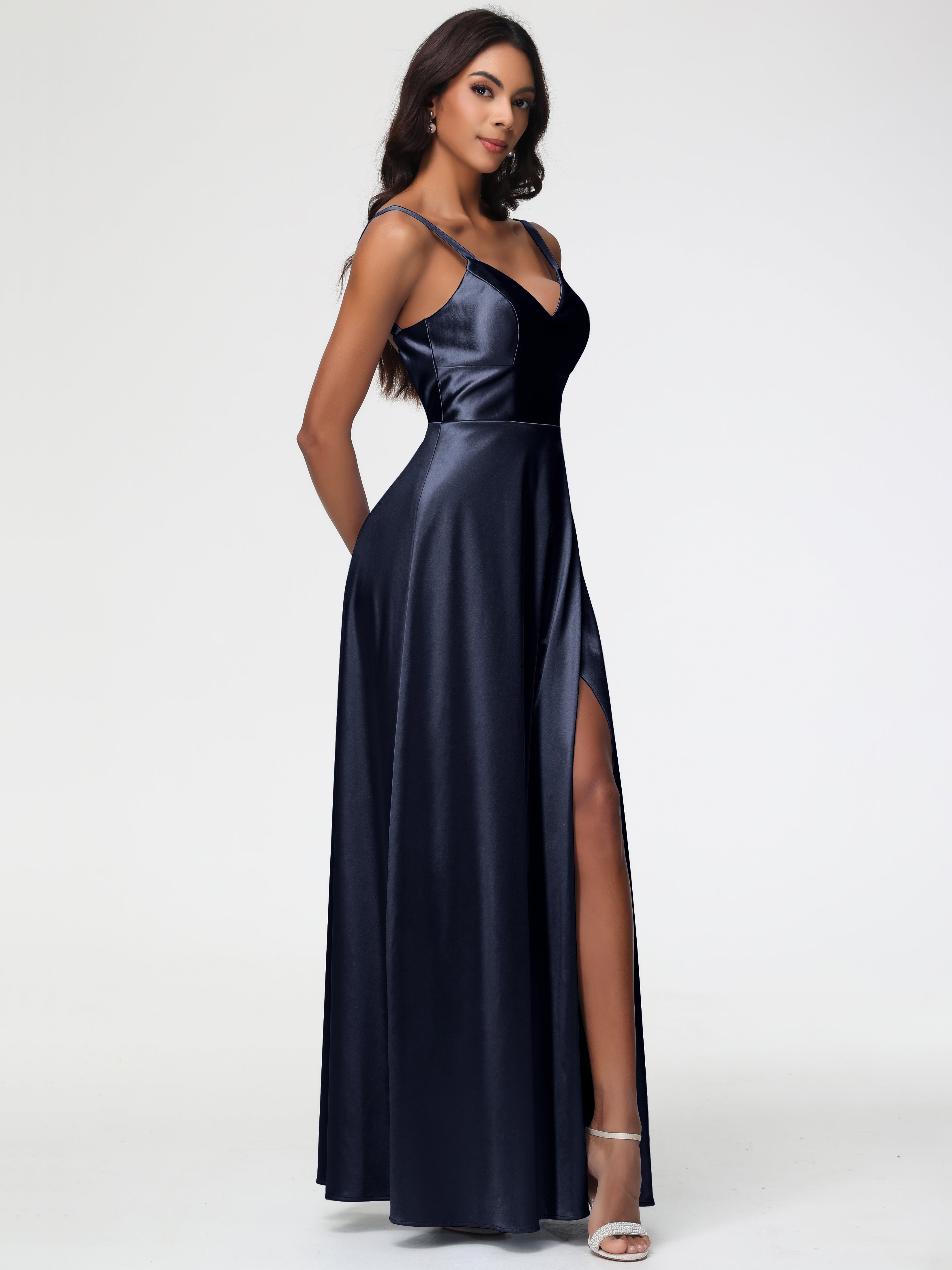 Demoiselle D'Honneur Bleu Marine Col V Satin Extensible Robe Trapèze Demoiselle D'Honneur