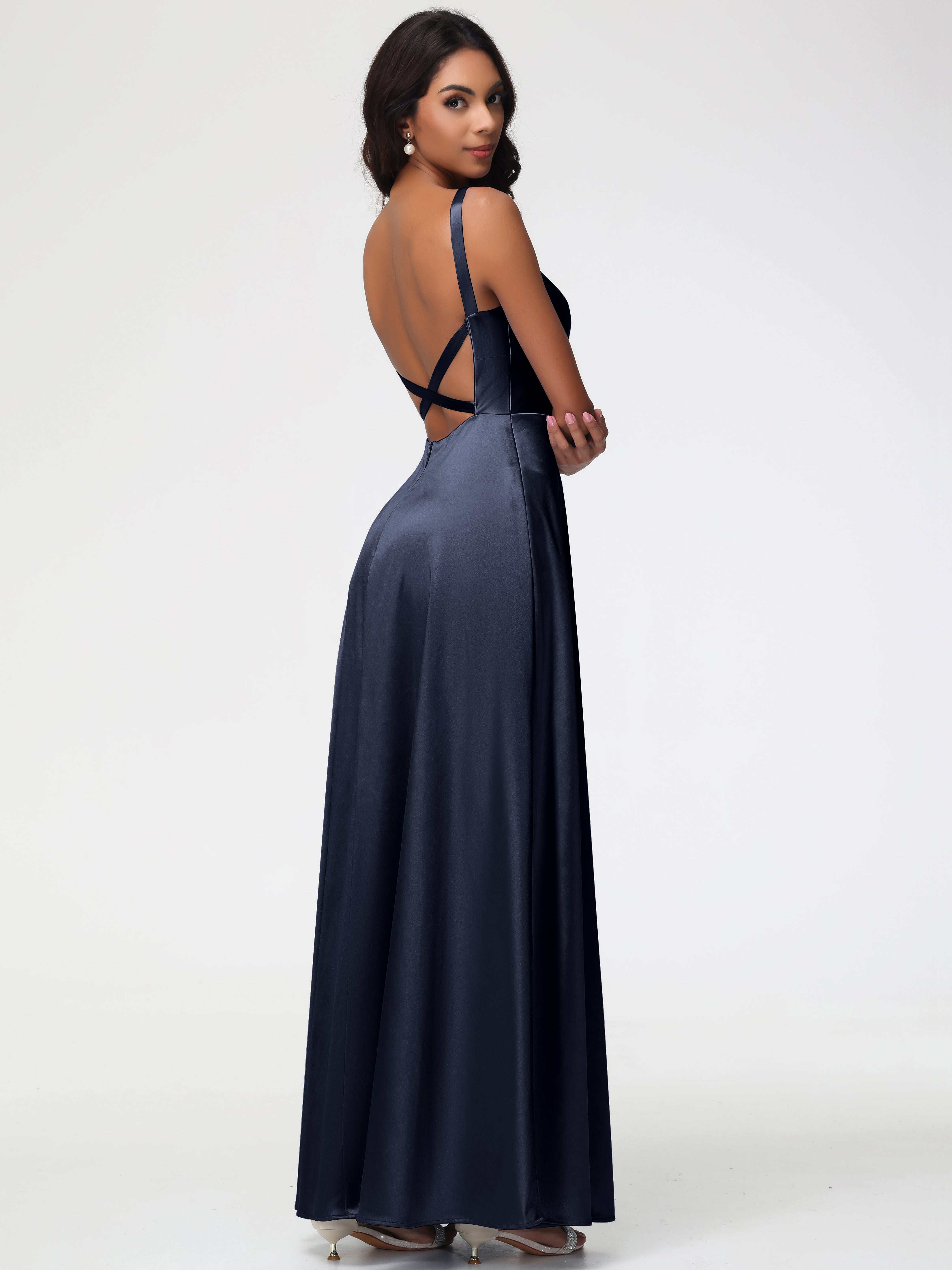 Demoiselle D'Honneur Bleu Marine Col V Satin Extensible Robe Trapèze Demoiselle D'Honneur