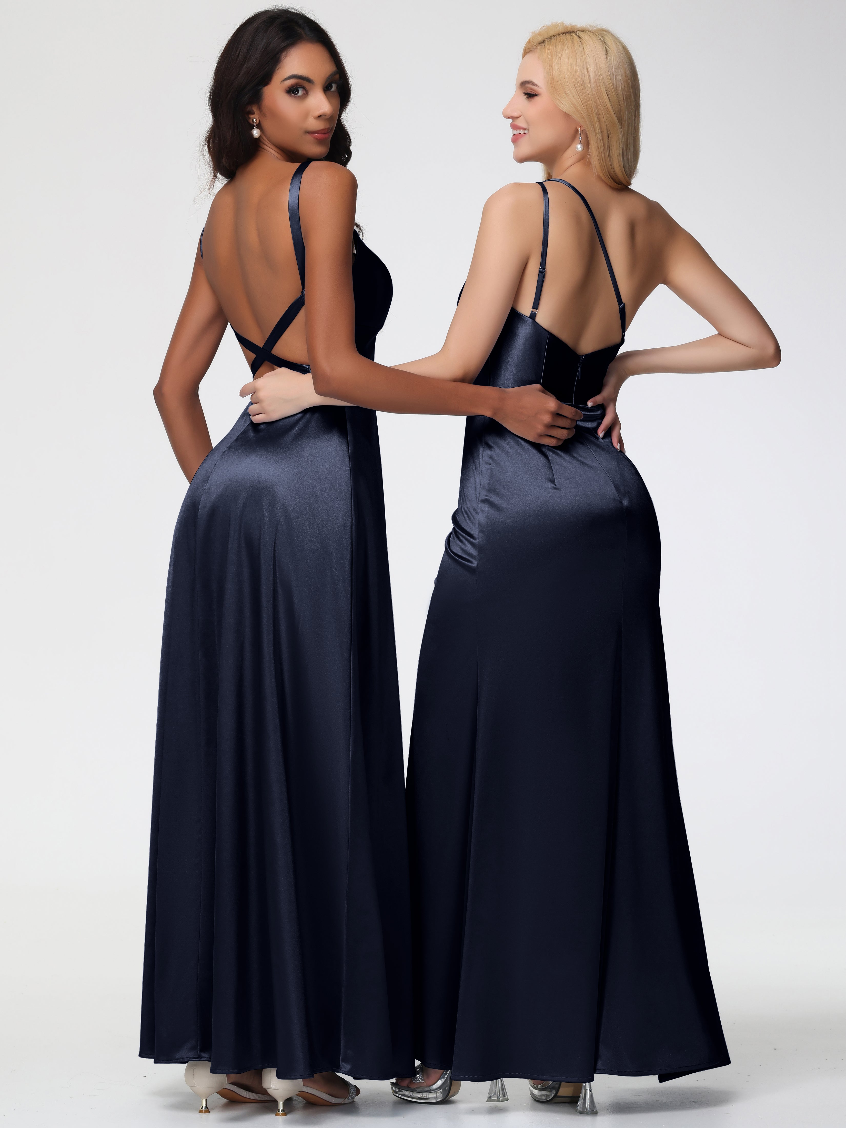 Demoiselle D'Honneur Bleu Marine Col V Satin Extensible Robe Trapèze Demoiselle D'Honneur