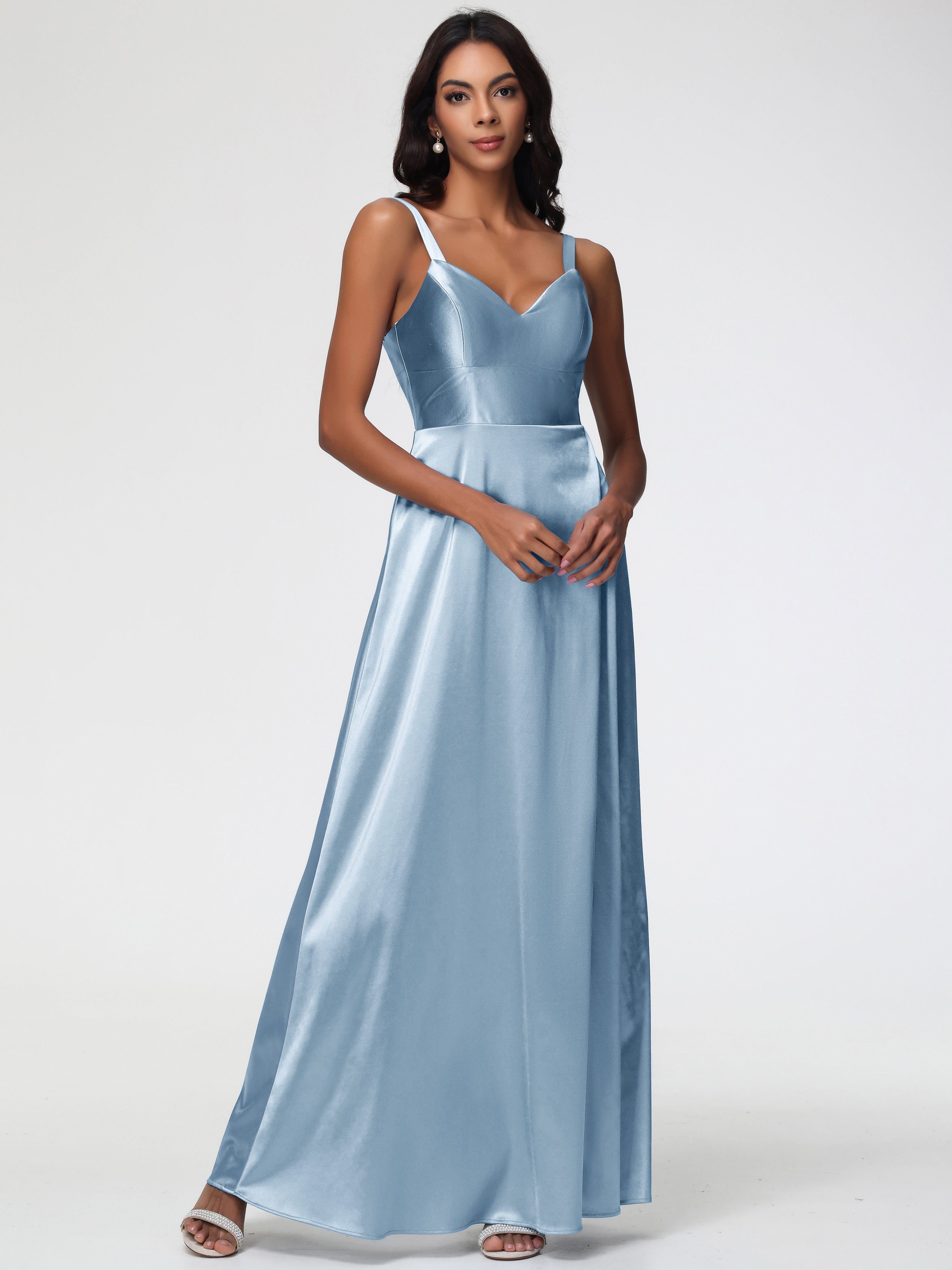 Robes De Demoiselle D'Honneur Bleu Poussiéreux Col V Satin Extensible Robe Trapèze Demoiselle D'Honneur