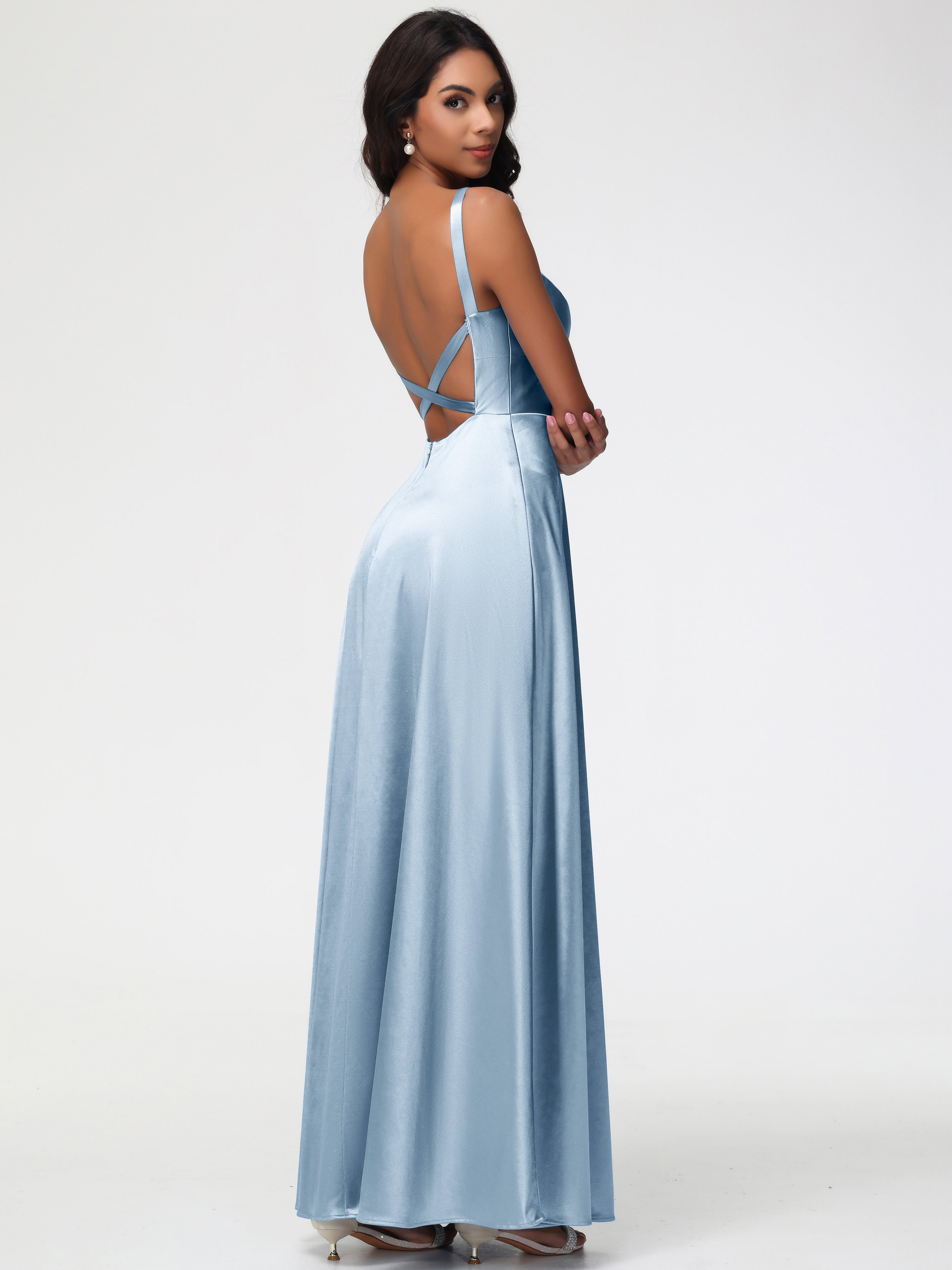 Robes De Demoiselle D'Honneur Bleu Poussiéreux Col V Satin Extensible Robe Trapèze Demoiselle D'Honneur