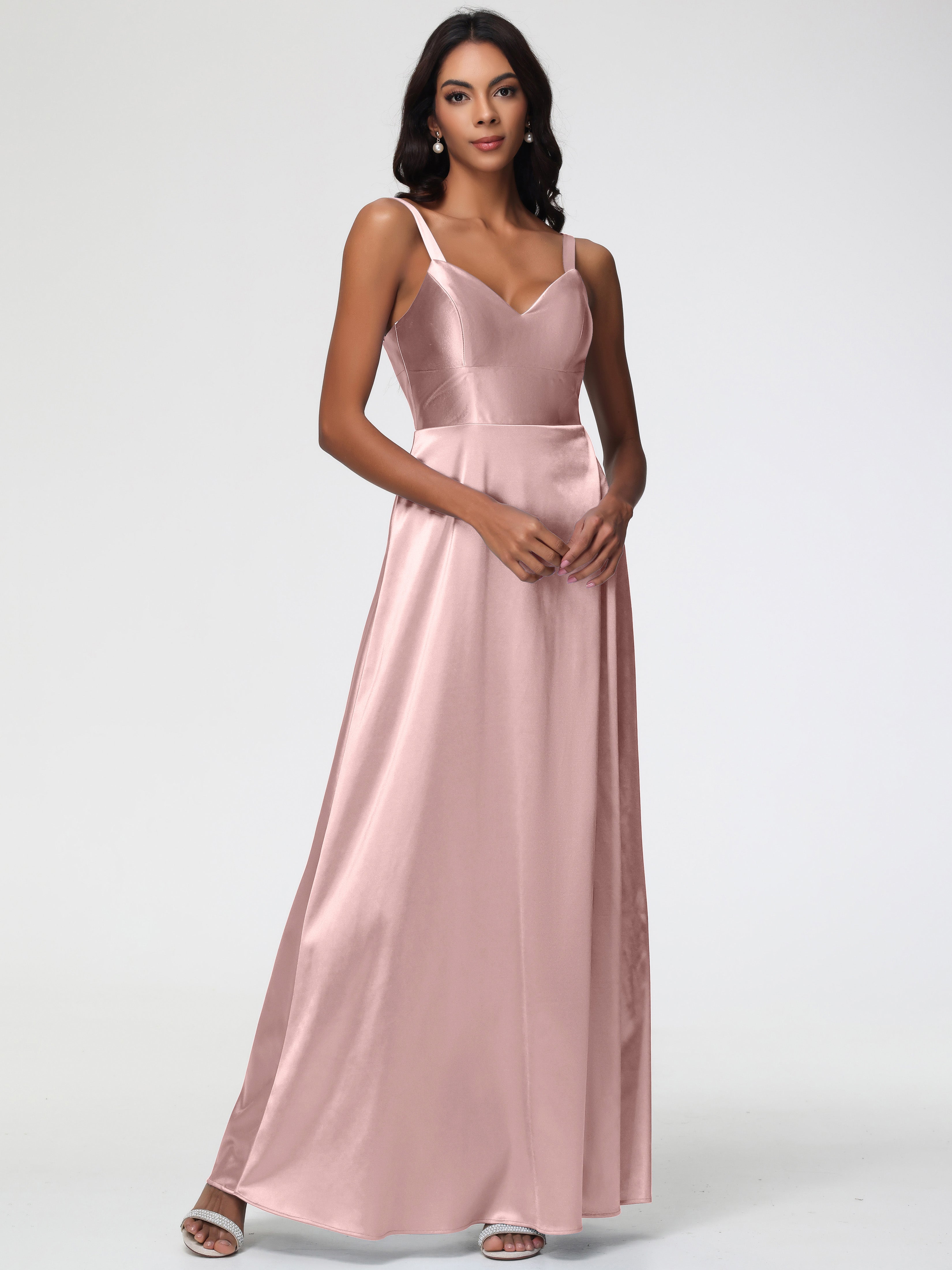 Poudree Robe Demoiselle D Honneur Rose Col V Satin Extensible Robe Trapèze Demoiselle D'Honneur