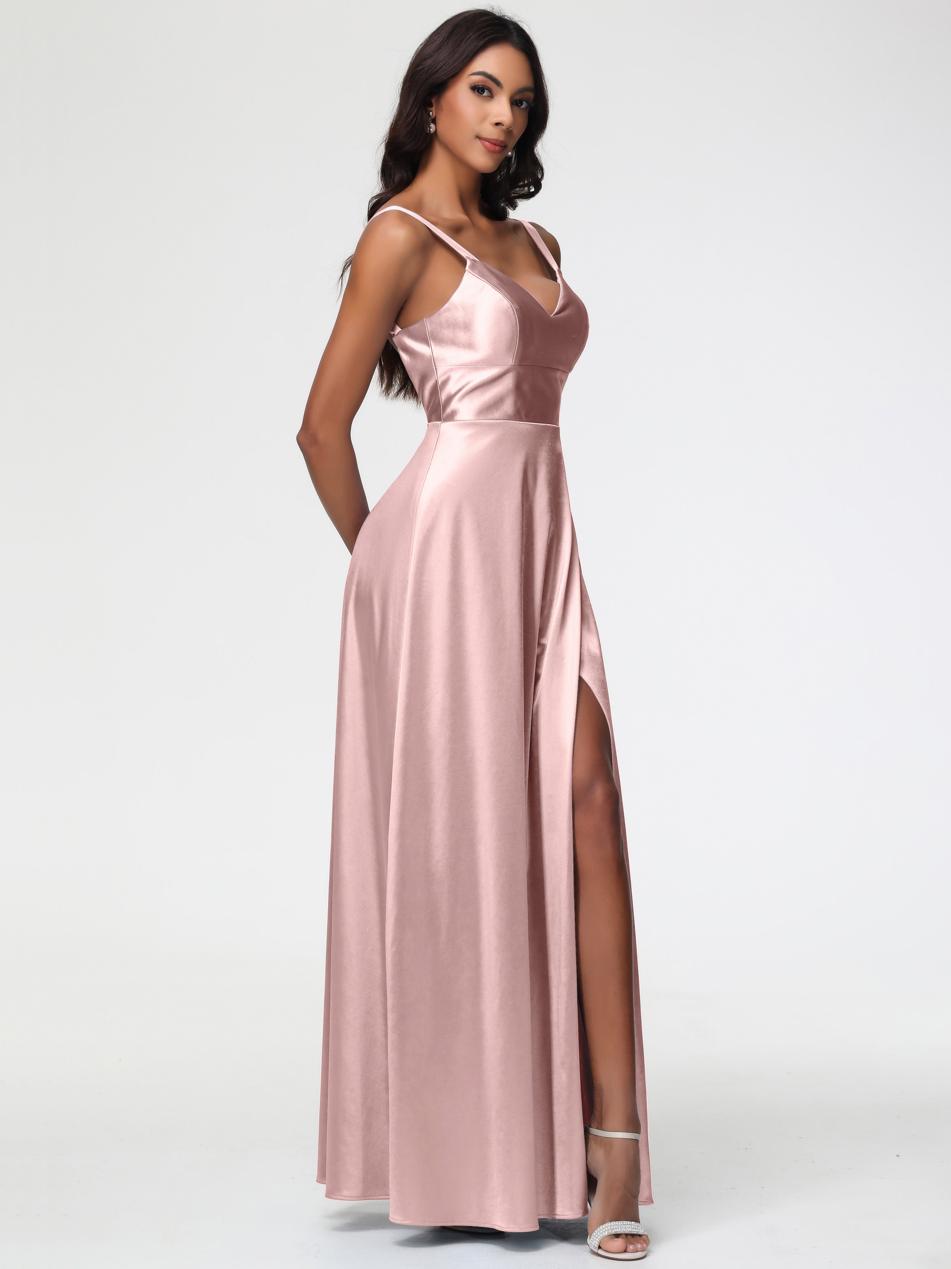 Poudree Robe Demoiselle D Honneur Rose Col V Satin Extensible Robe Trapèze Demoiselle D'Honneur
