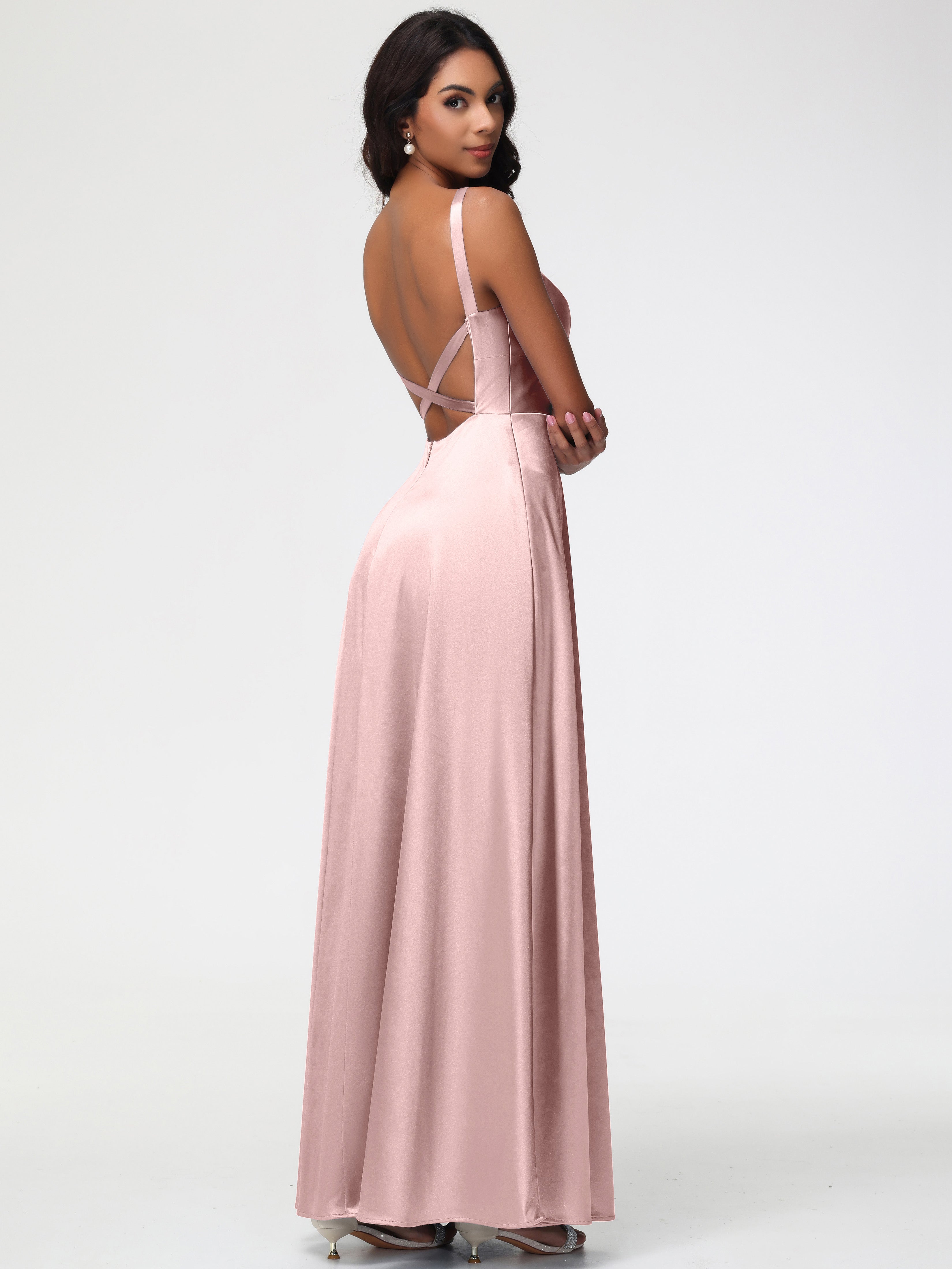 Poudree Robe Demoiselle D Honneur Rose Col V Satin Extensible Robe Trapèze Demoiselle D'Honneur