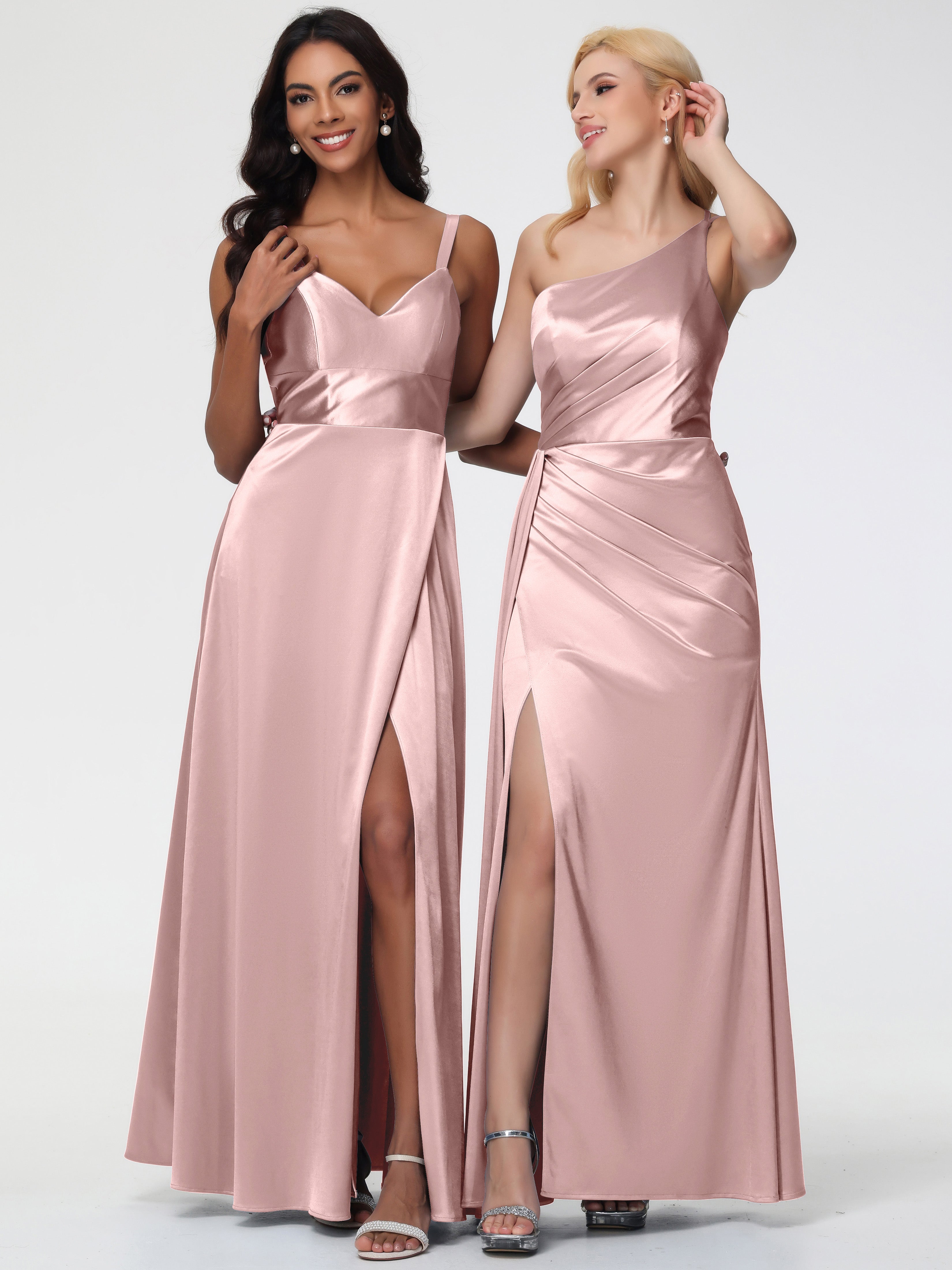 Poudree Robe Demoiselle D Honneur Rose Col V Satin Extensible Robe Trapèze Demoiselle D'Honneur