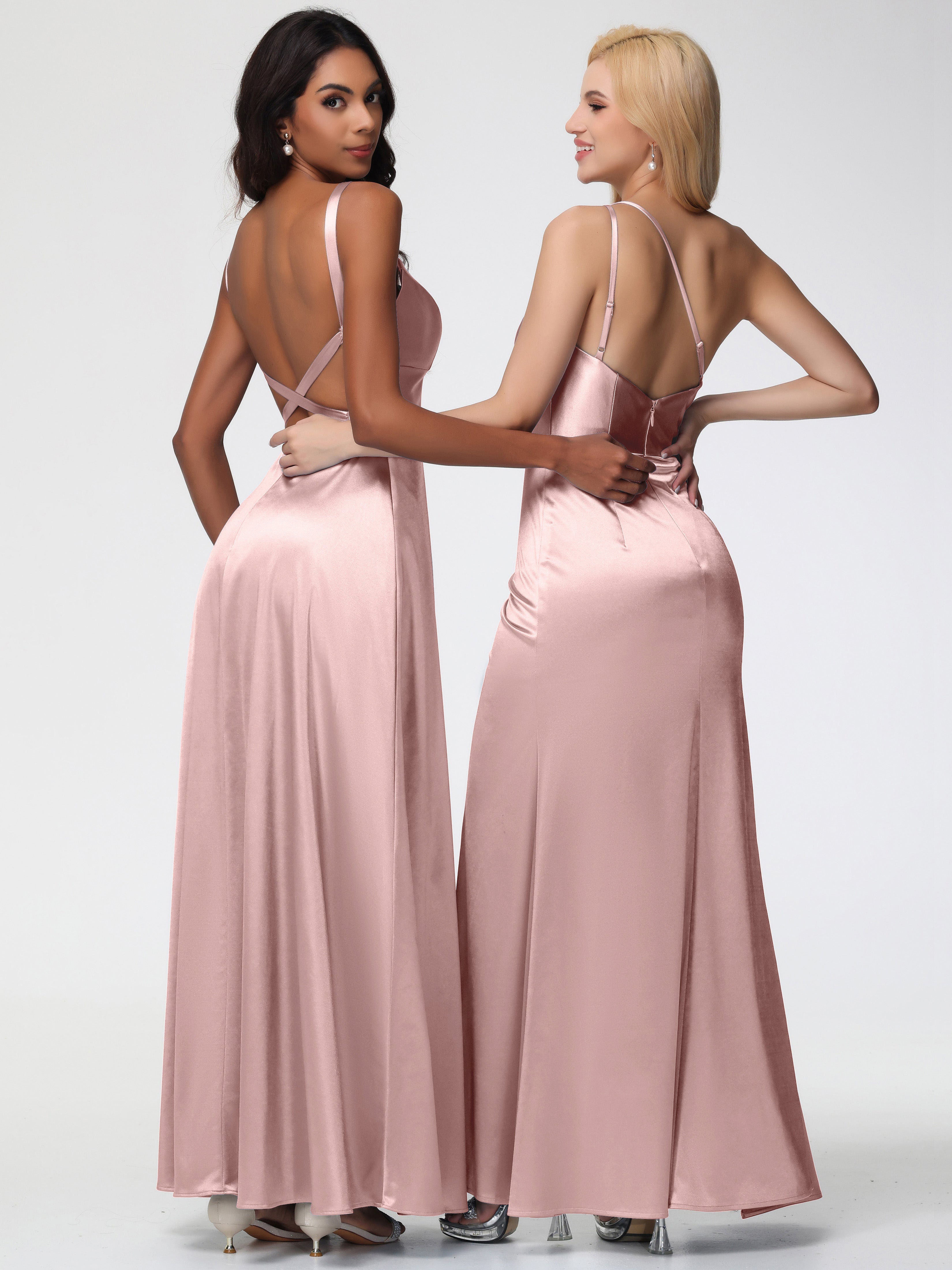 Poudree Robe Demoiselle D Honneur Rose Col V Satin Extensible Robe Trapèze Demoiselle D'Honneur