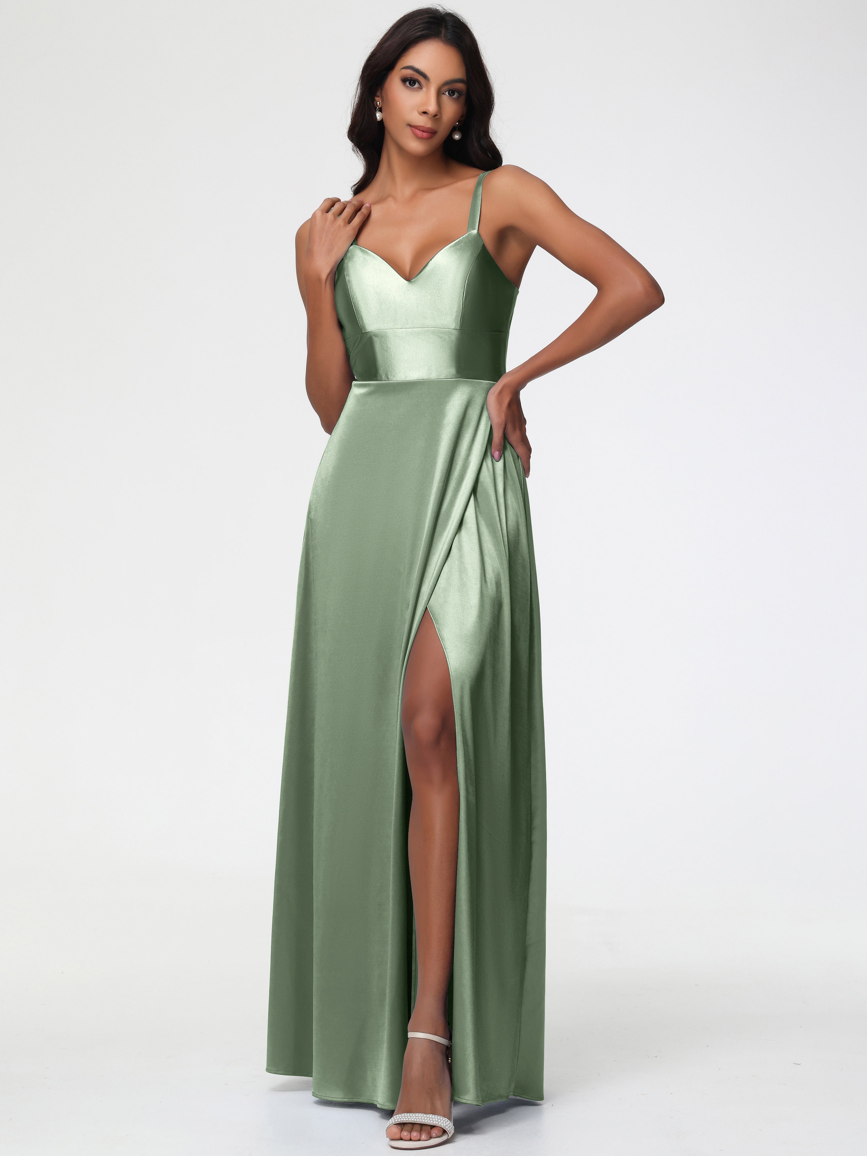 Sauge Poussiéreuse De Demoiselle D'Honneur Col V Satin Extensible Robe Trapèze Demoiselle D'Honneur