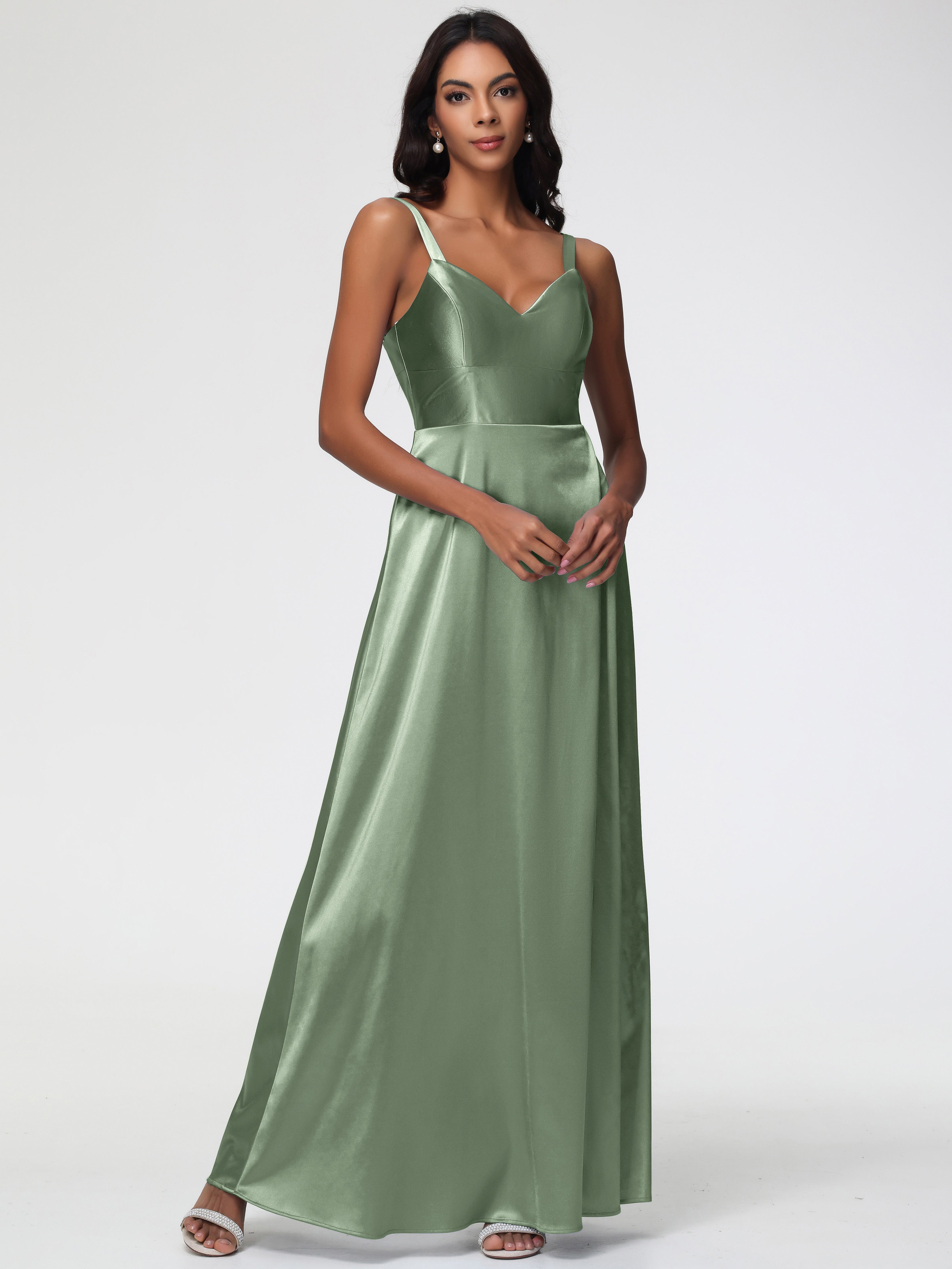 Sauge Poussiéreuse De Demoiselle D'Honneur Col V Satin Extensible Robe Trapèze Demoiselle D'Honneur