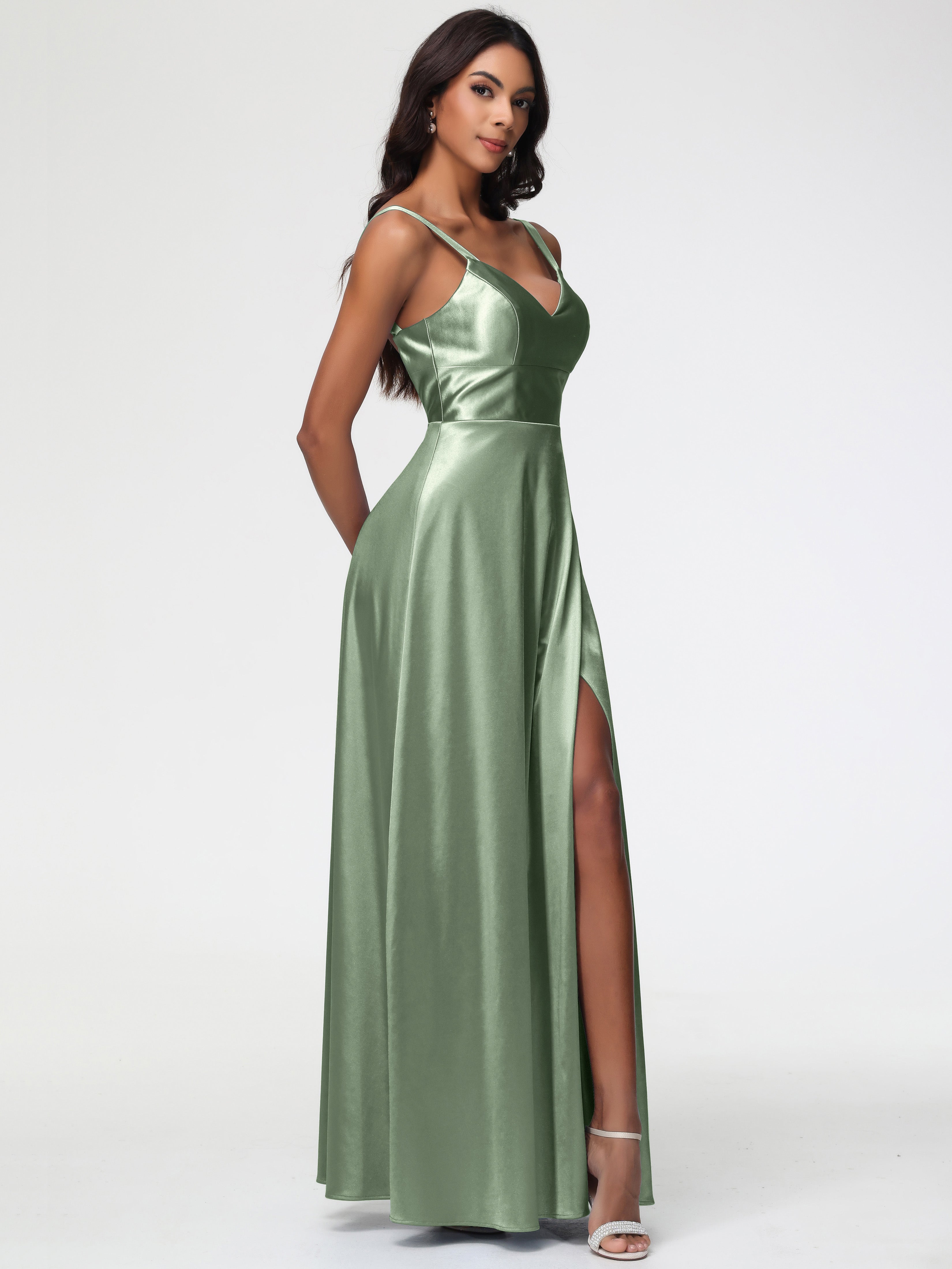 Sauge Poussiéreuse De Demoiselle D'Honneur Col V Satin Extensible Robe Trapèze Demoiselle D'Honneur