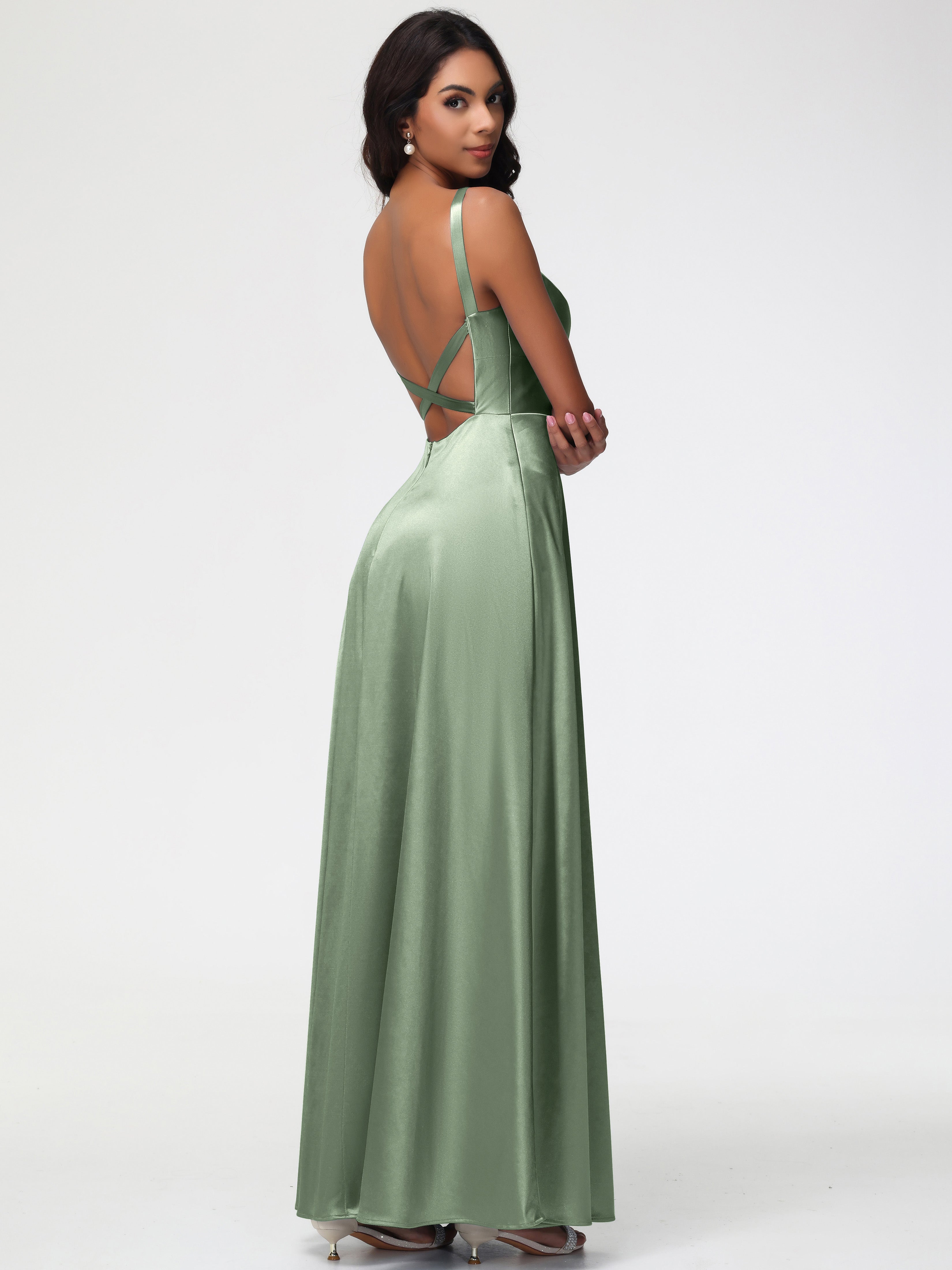 Sauge Poussiéreuse De Demoiselle D'Honneur Col V Satin Extensible Robe Trapèze Demoiselle D'Honneur