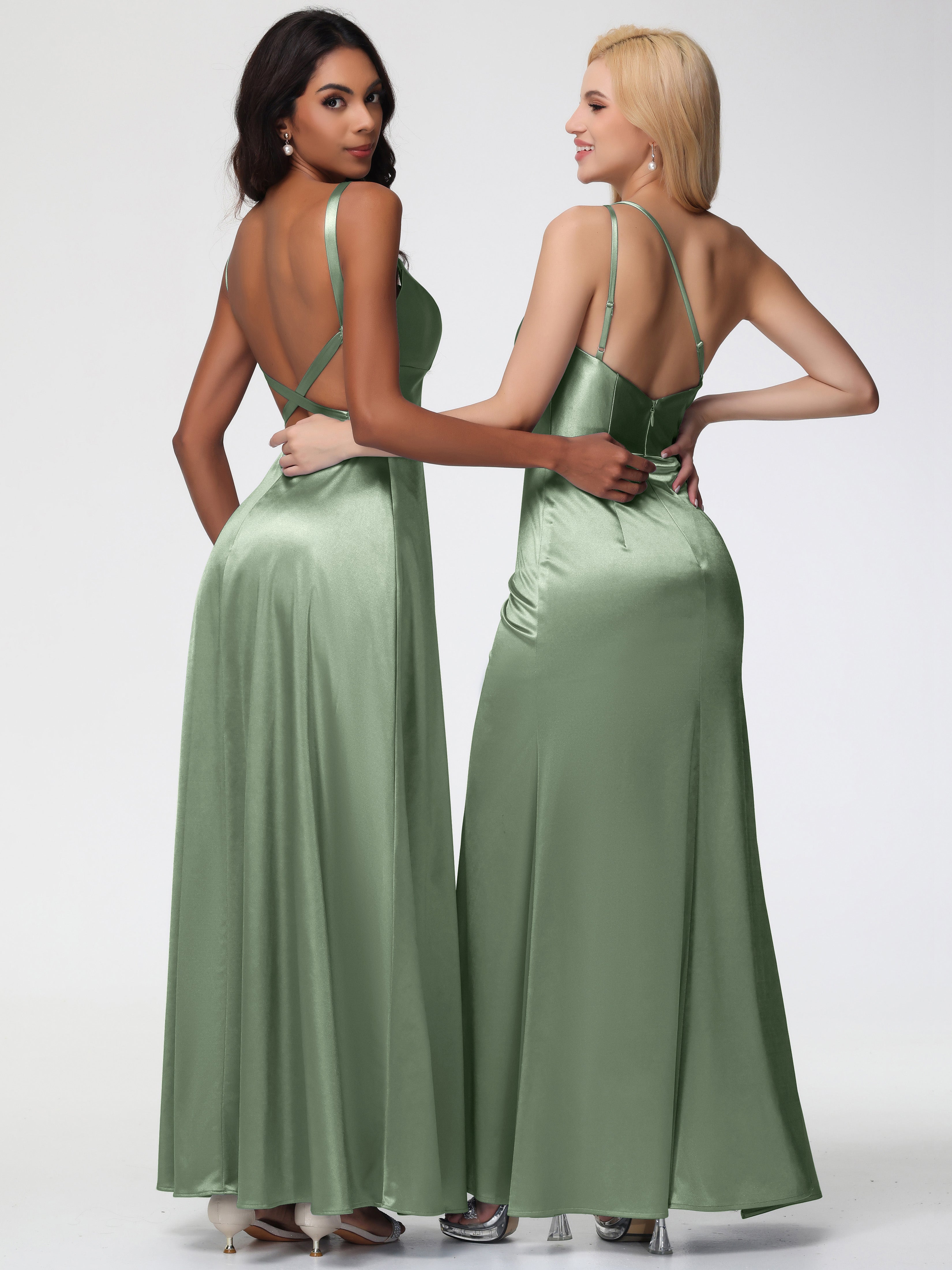 Sauge Poussiéreuse De Demoiselle D'Honneur Col V Satin Extensible Robe Trapèze Demoiselle D'Honneur