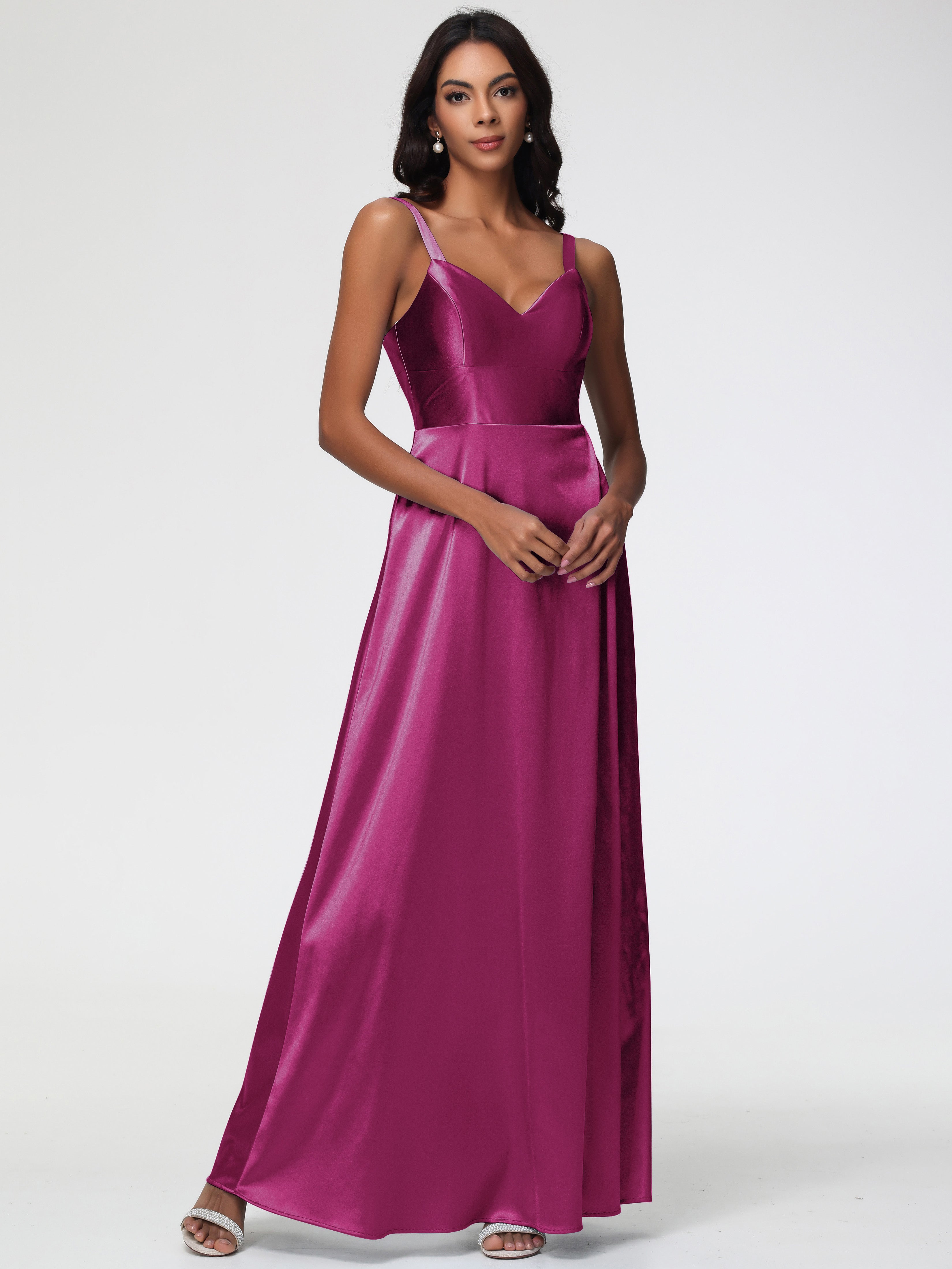 Robe Fuchsia Demoiselle D Honneur Col V Satin Extensible Robe Trapèze Demoiselle D'Honneur