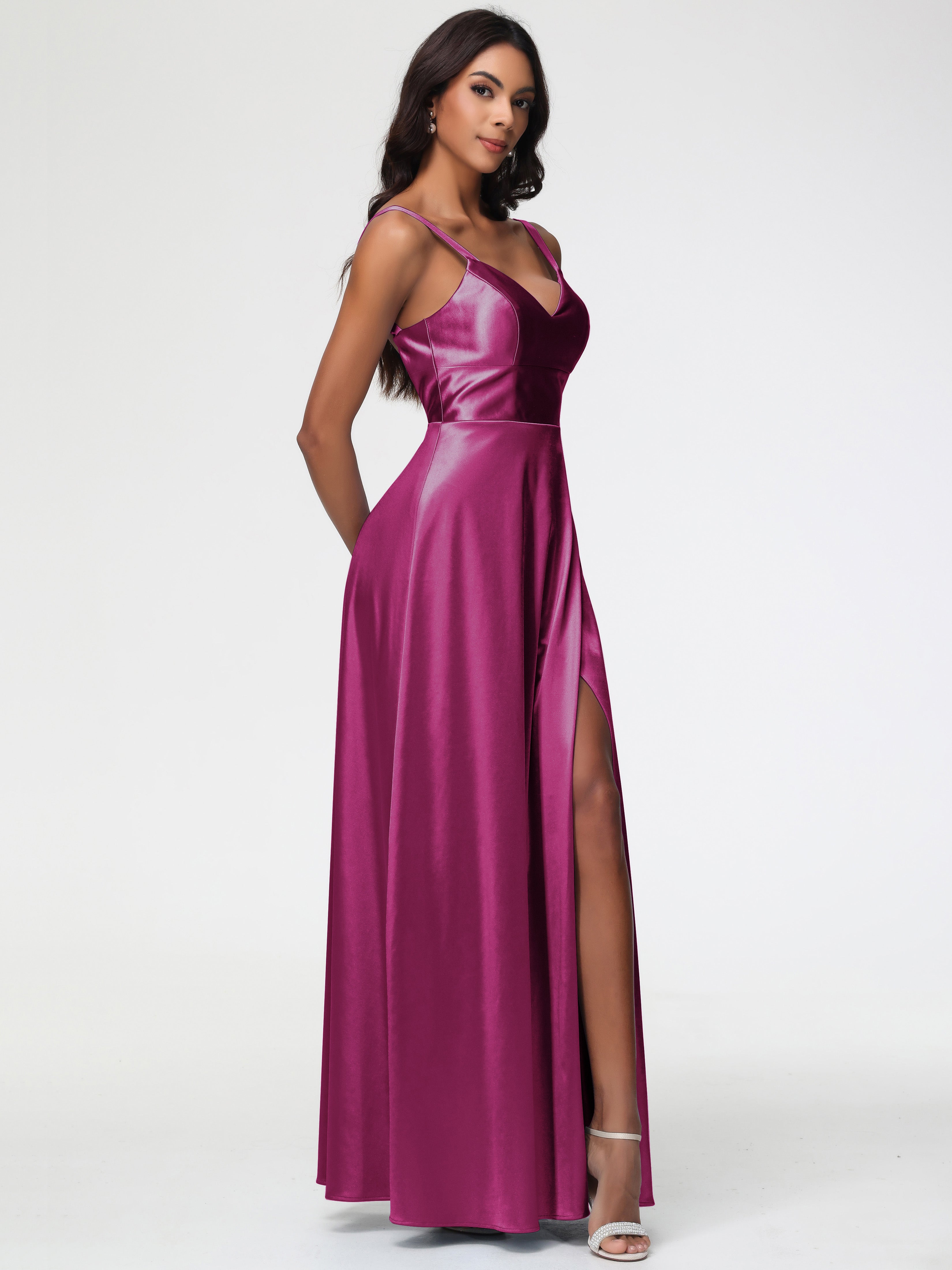 Robe Fuchsia Demoiselle D Honneur Col V Satin Extensible Robe Trapèze Demoiselle D'Honneur