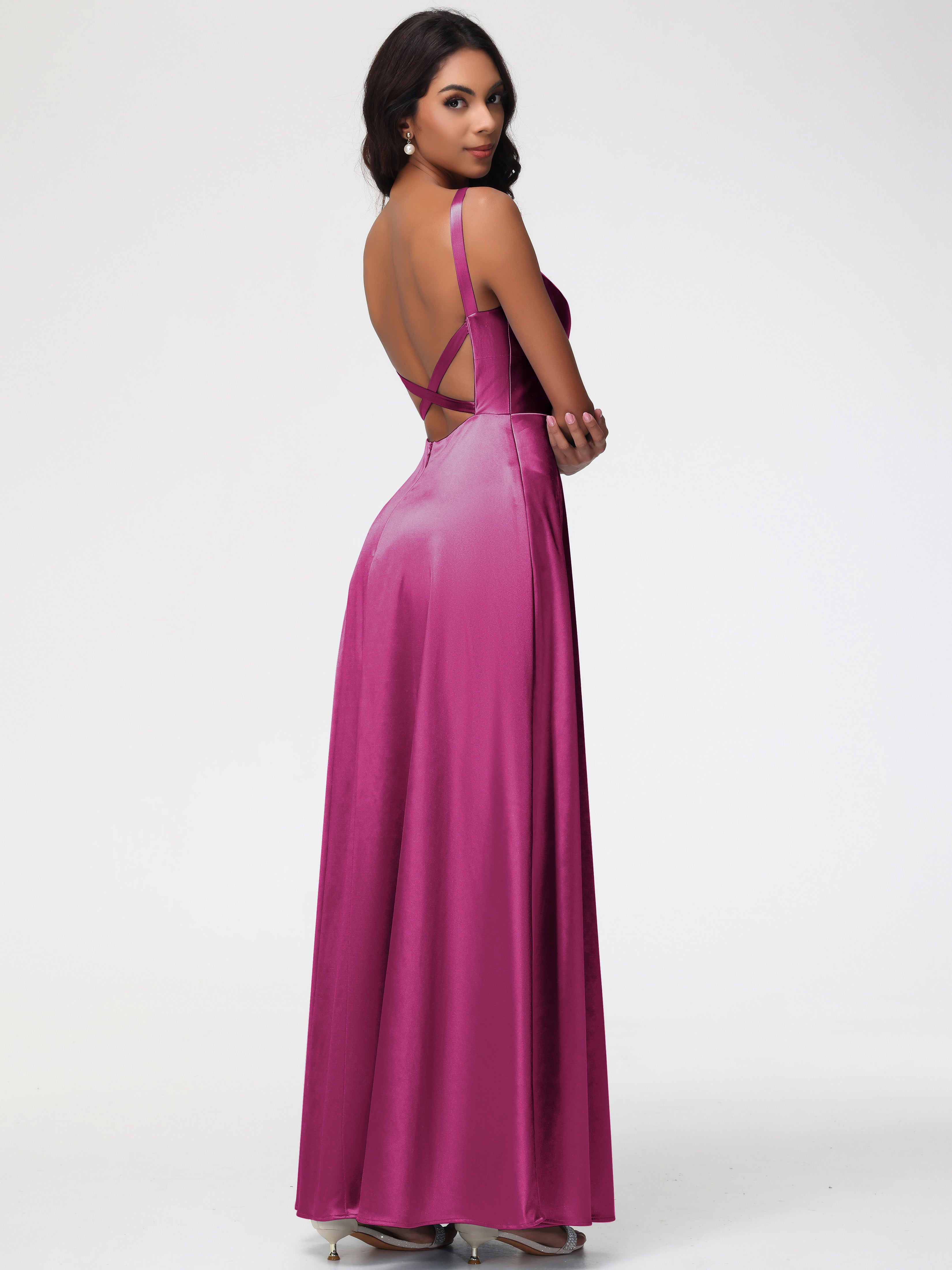 Robe Fuchsia Demoiselle D Honneur Col V Satin Extensible Robe Trapèze Demoiselle D'Honneur