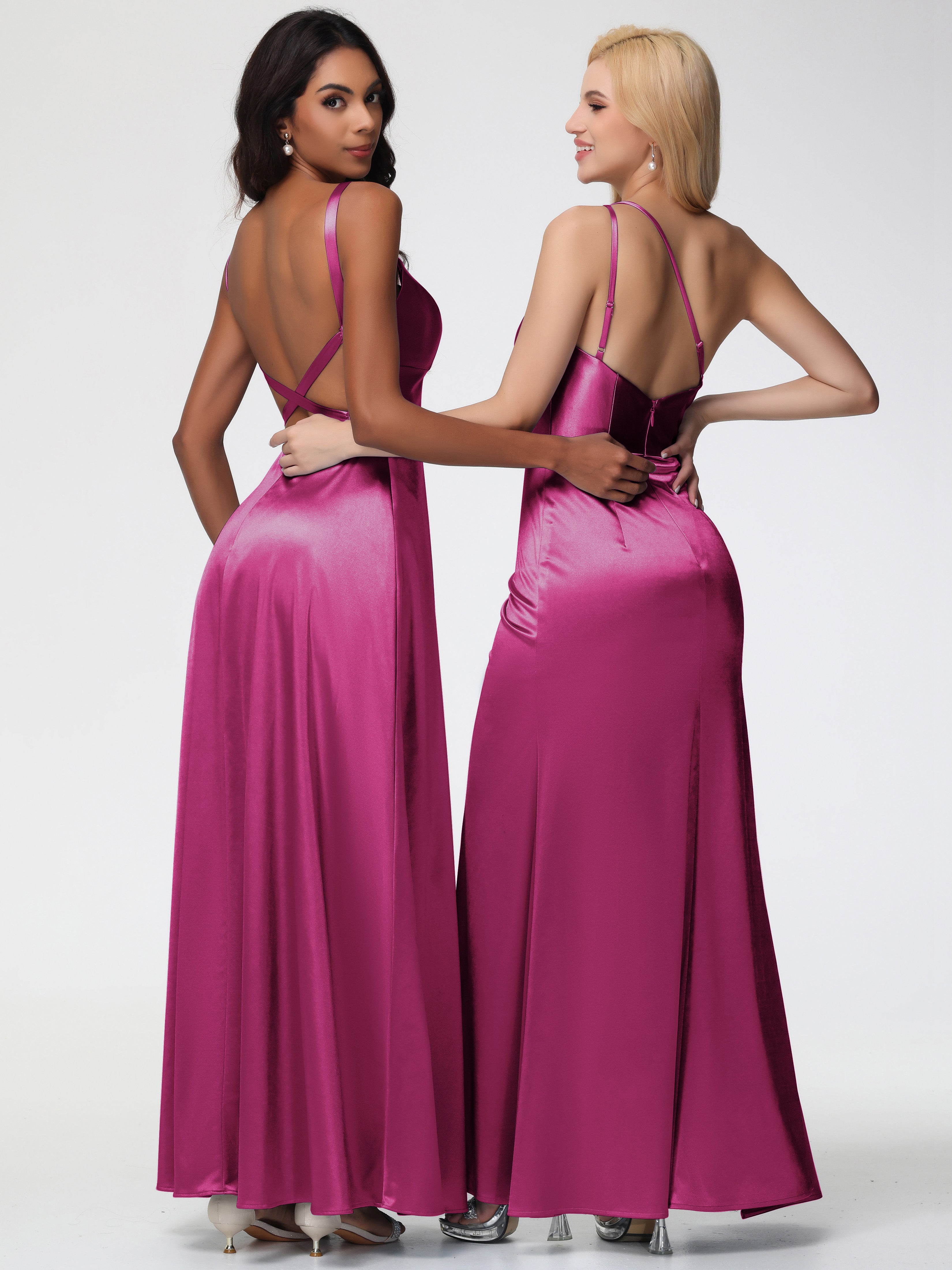 Robe Fuchsia Demoiselle D Honneur Col V Satin Extensible Robe Trapèze Demoiselle D'Honneur