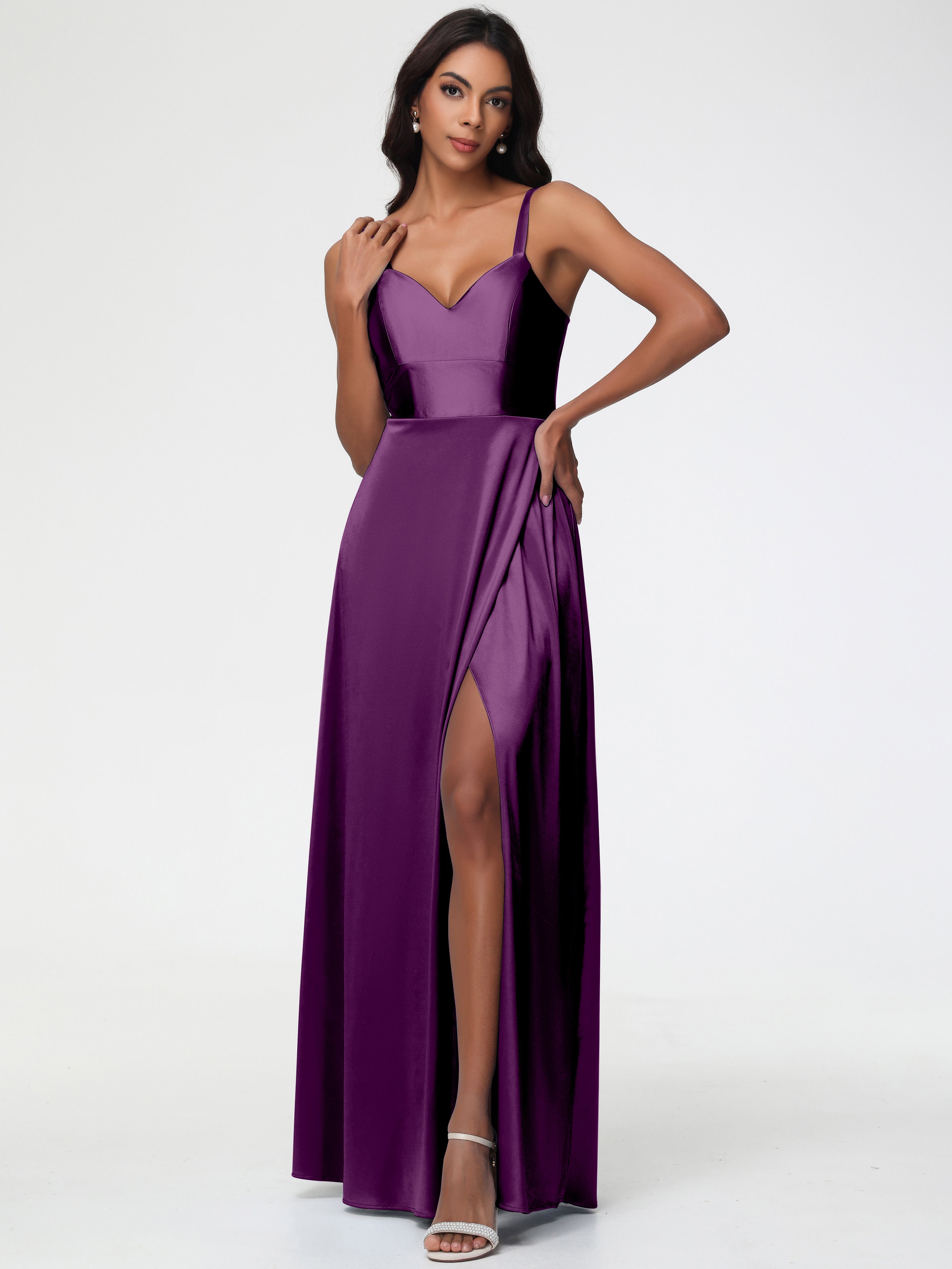 Robes De Demoiselle D'Honneur En Raisin Col V Satin Extensible Robe Trapèze Demoiselle D'Honneur