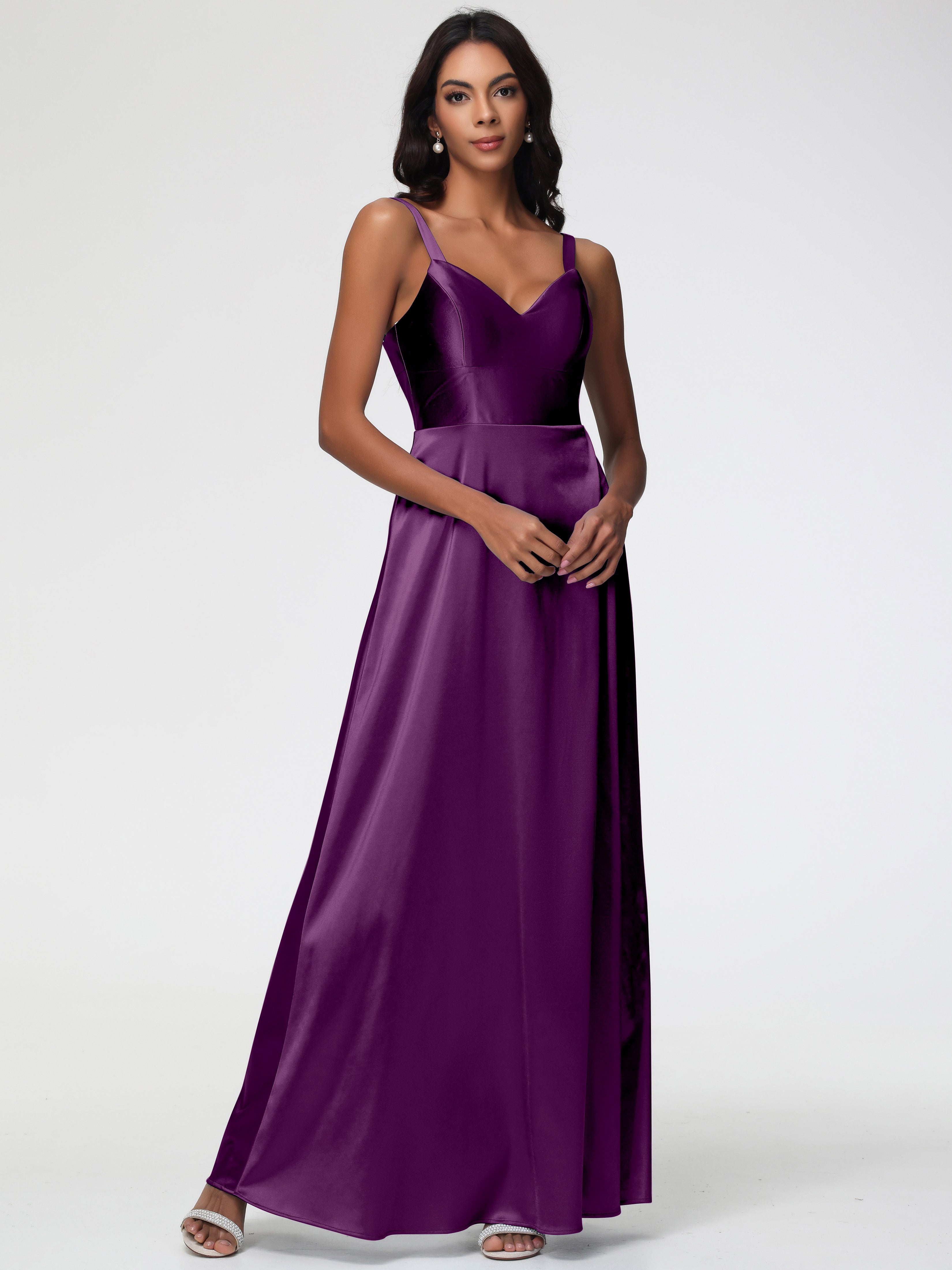 Robes De Demoiselle D'Honneur En Raisin Col V Satin Extensible Robe Trapèze Demoiselle D'Honneur